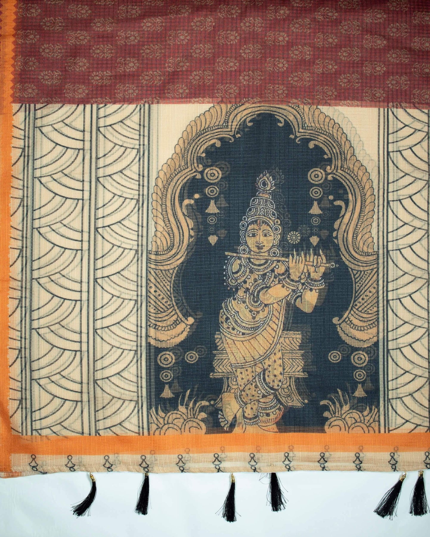 Oyster Beige And Maroon Booti Pattern Digital Print Kota Doria Dupatta With Tassels - Fabcurate