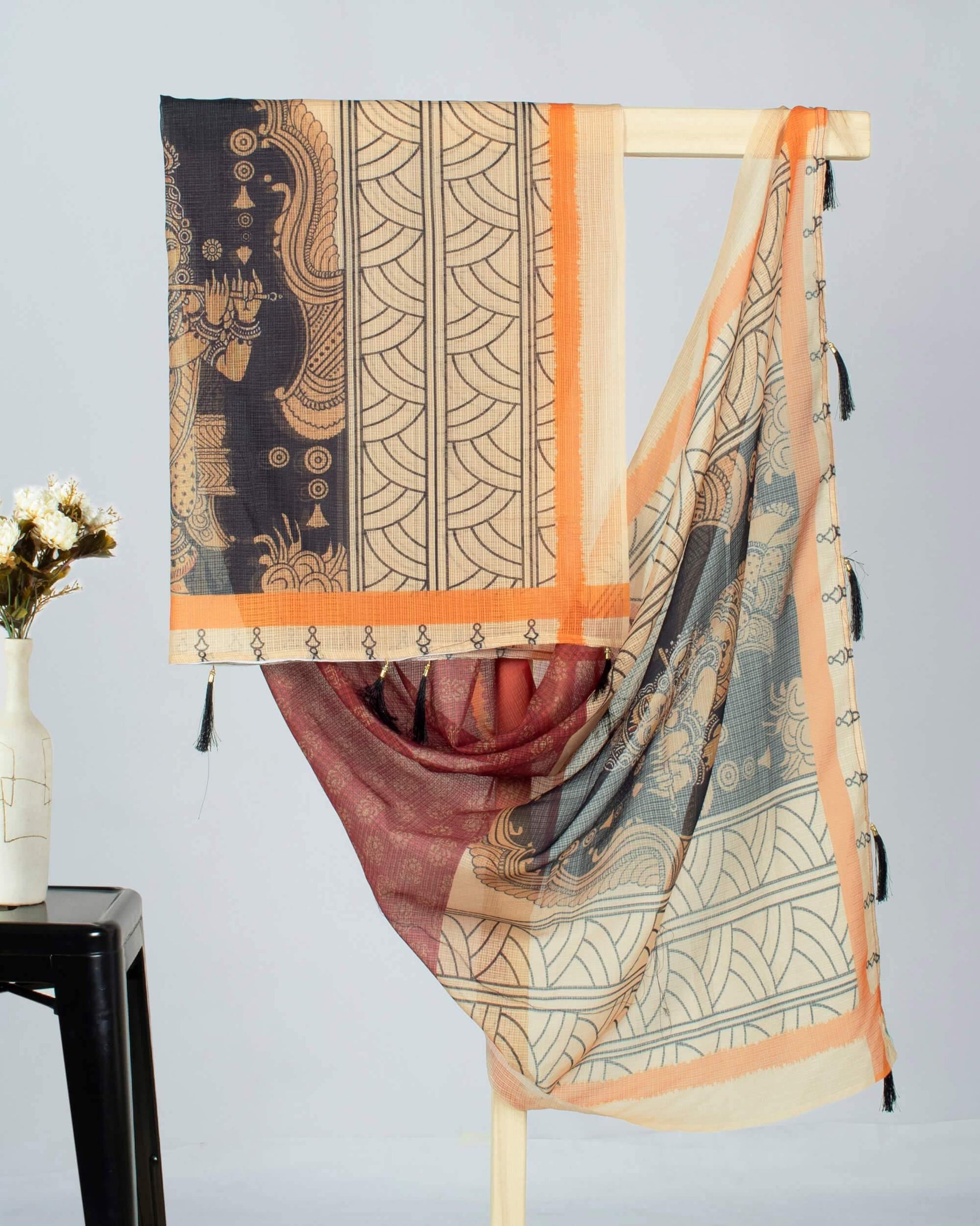 Oyster Beige And Maroon Booti Pattern Digital Print Kota Doria Dupatta With Tassels - Fabcurate