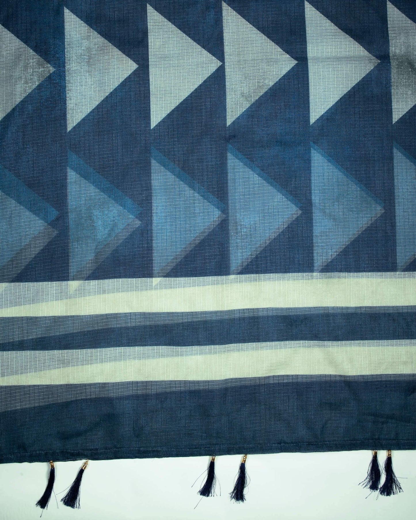 Prussian Blue And Ivory Cream Geometric Pattern Digital Print Kota Doria Dupatta With Tassels - Fabcurate