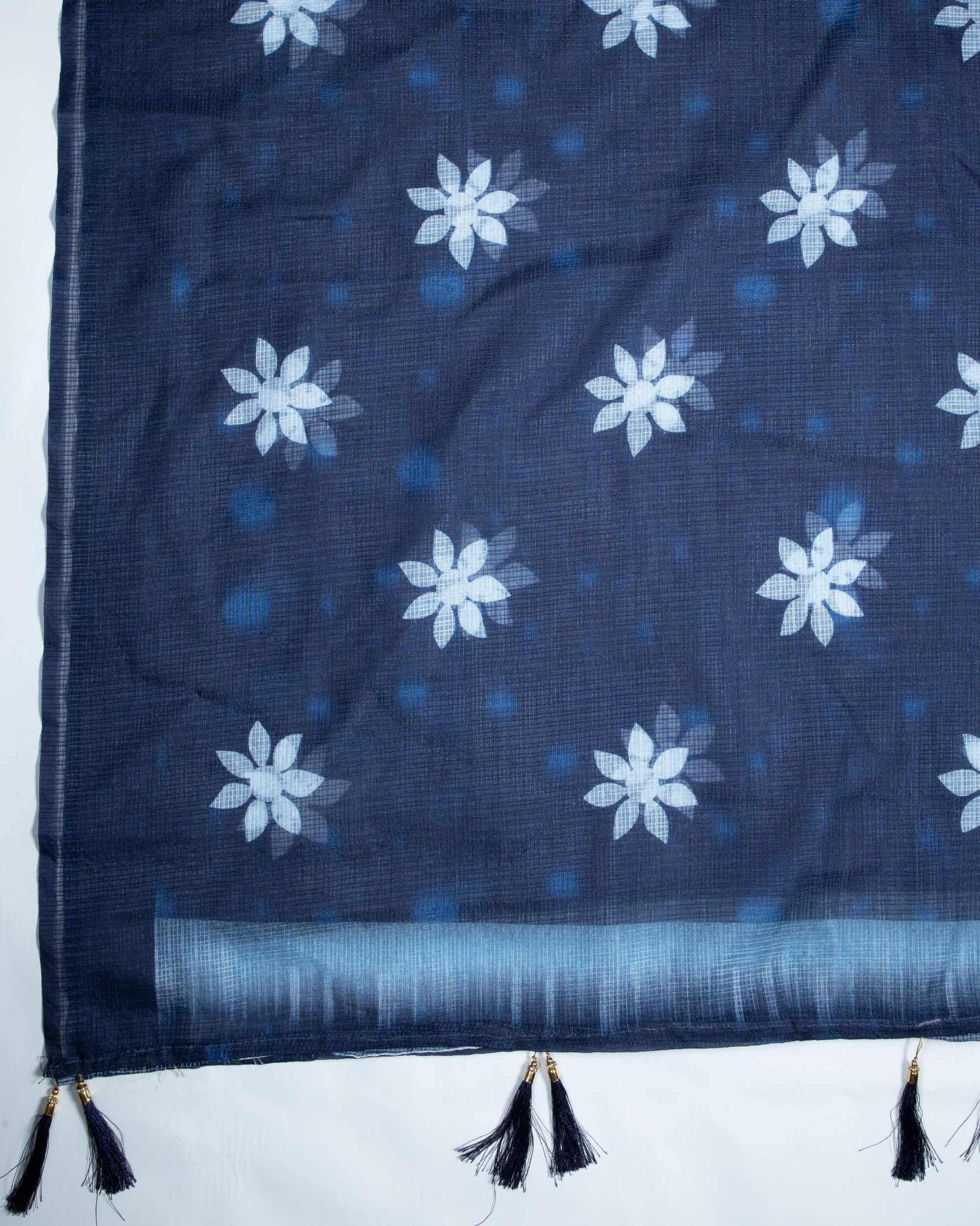 Prussian Blue And White Floral Pattern Digital Print Kota Doria Dupatta With Tassels - Fabcurate