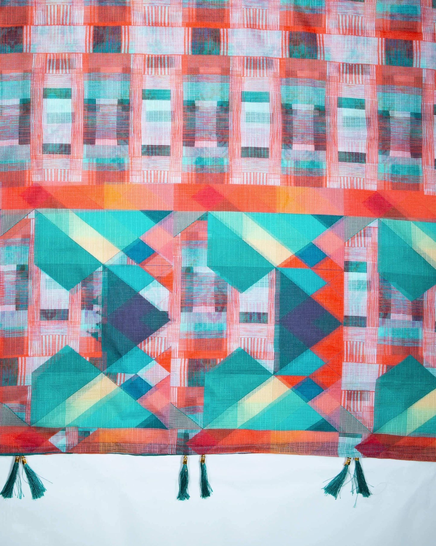 Pine Green And Fire Orange Geometric Pattern Digital Print Kota Doria Dupatta With Tassels - Fabcurate