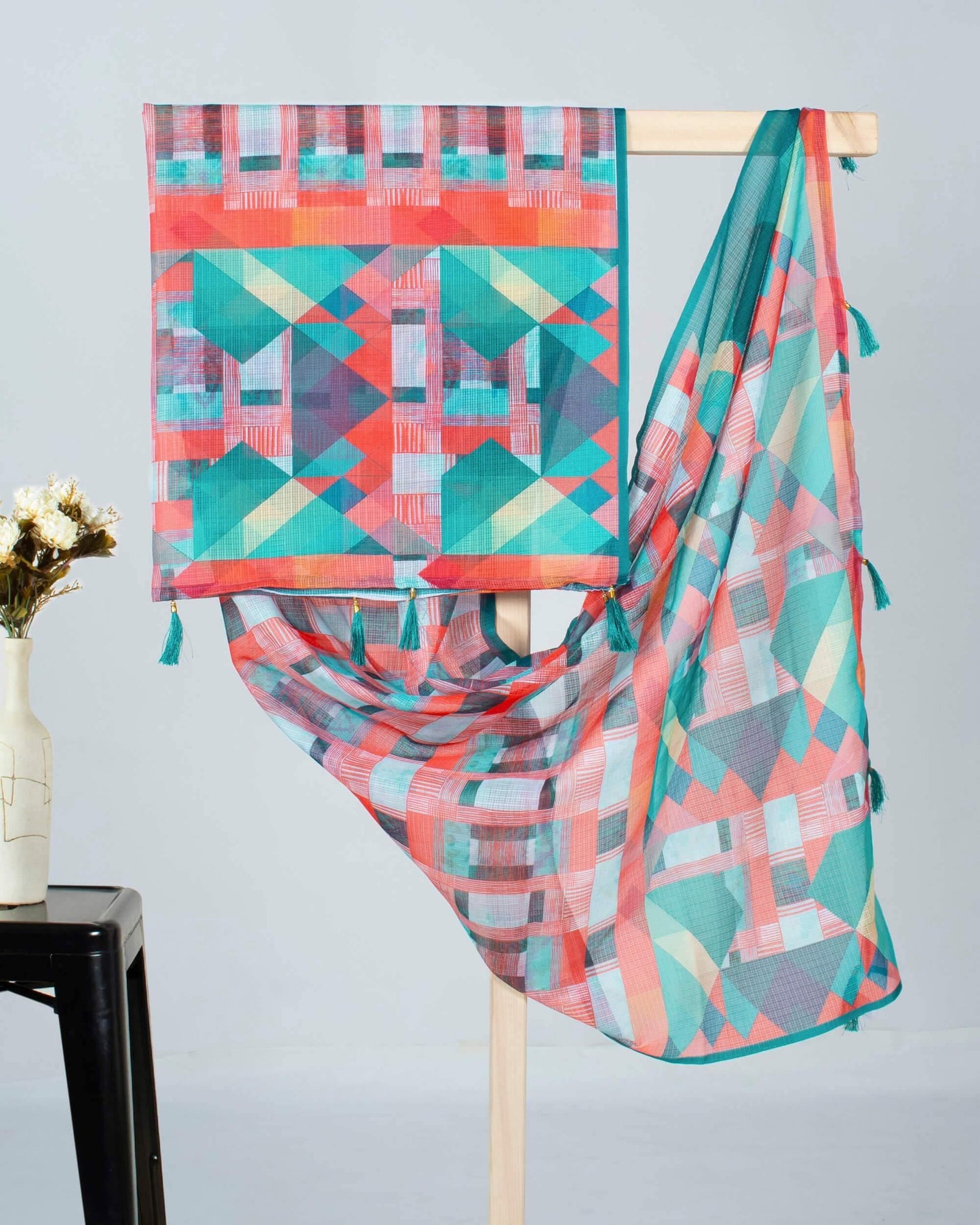 Pine Green And Fire Orange Geometric Pattern Digital Print Kota Doria Dupatta With Tassels - Fabcurate