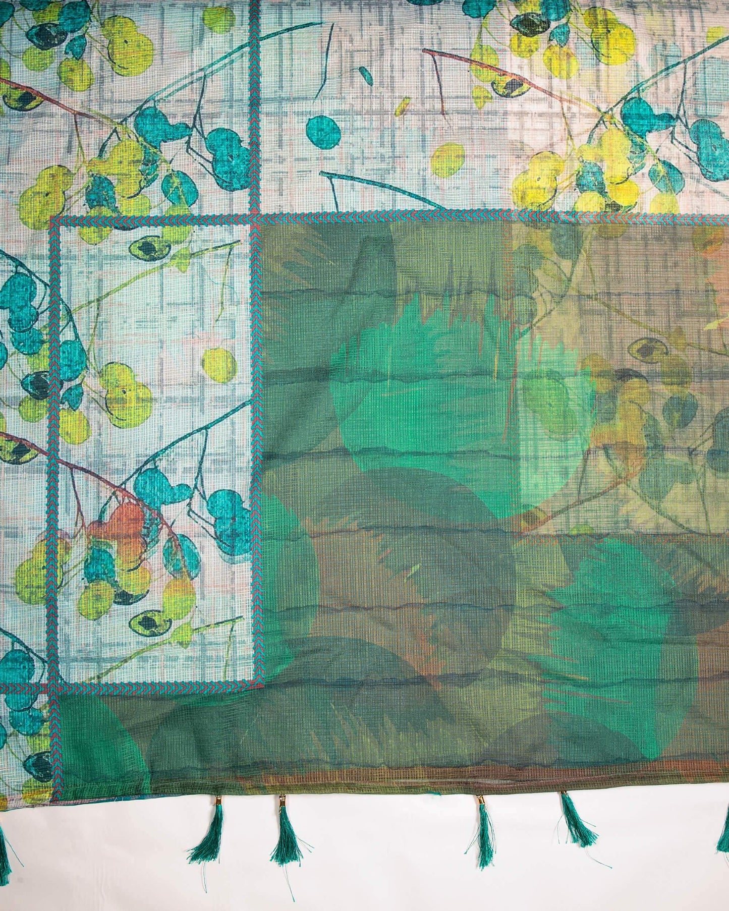 White And Green Leaf Pattern Digital Print Kota Doria Dupatta With Tassels - Fabcurate