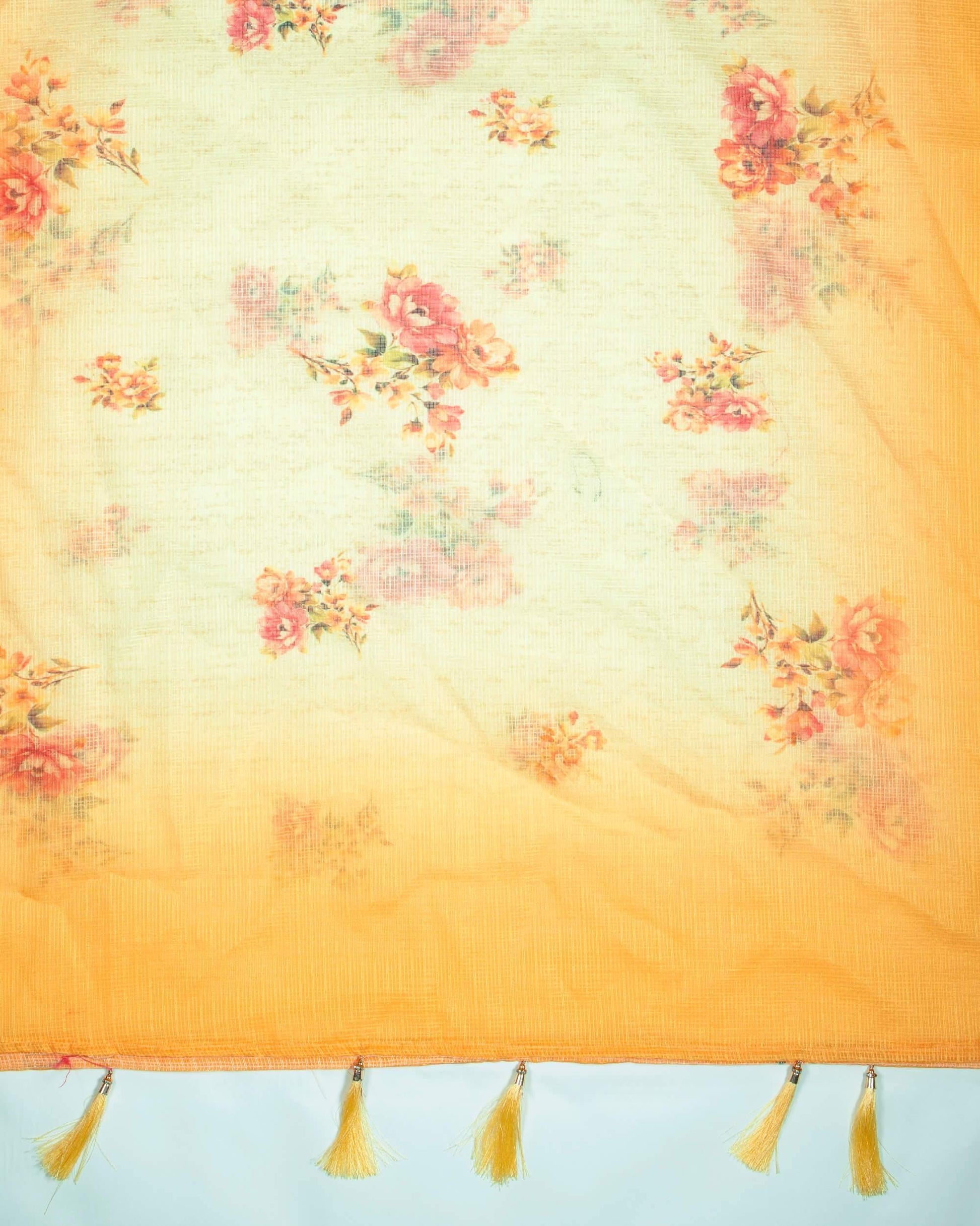 Yellow And Pink Floral Pattern Digital Print Kota Doria Dupatta With Tassels - Fabcurate