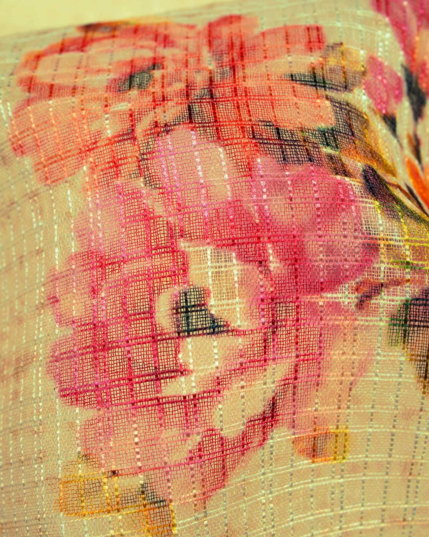 Yellow And Pink Floral Pattern Digital Print Kota Doria Dupatta With Tassels - Fabcurate