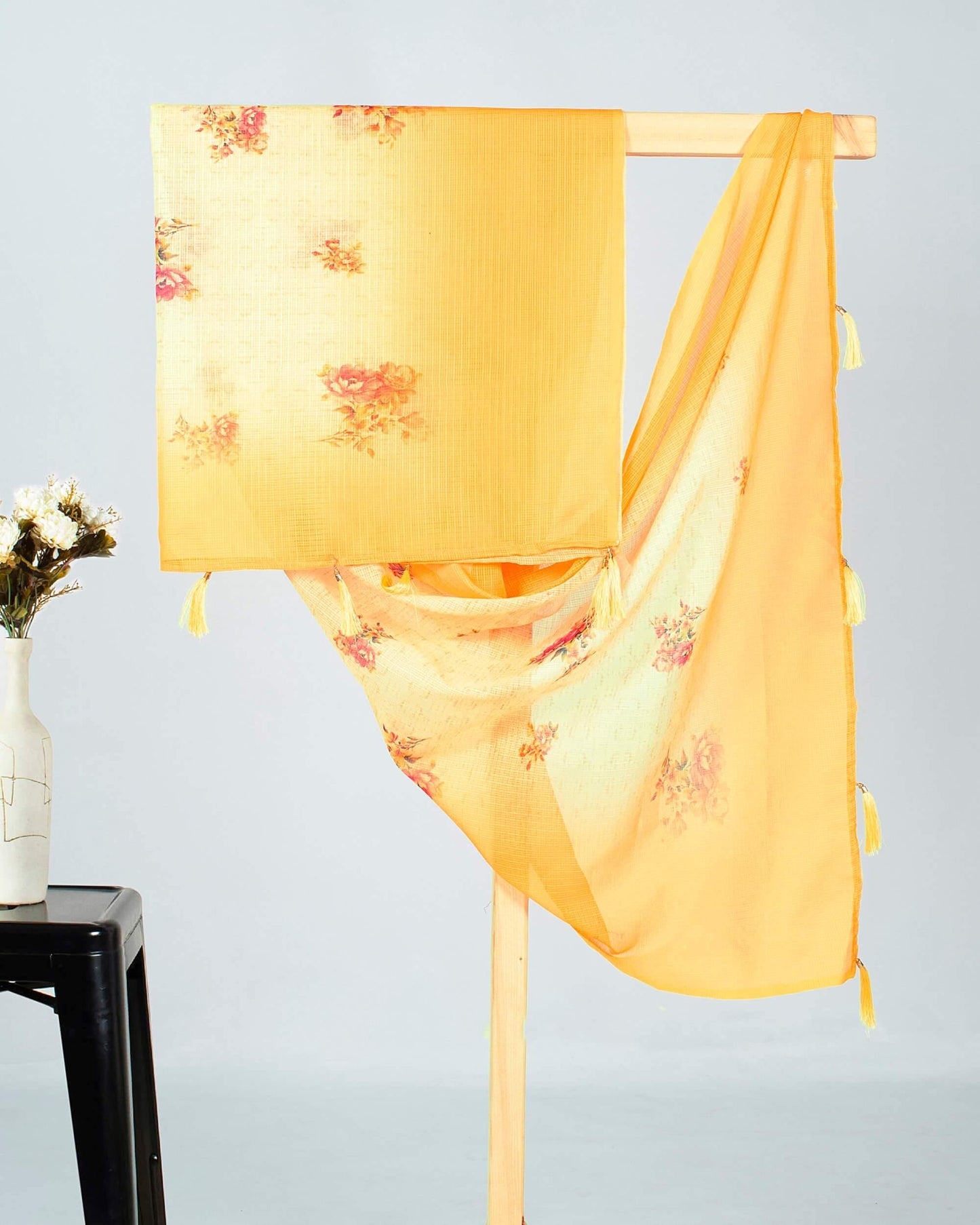 Yellow And Pink Floral Pattern Digital Print Kota Doria Dupatta With Tassels - Fabcurate