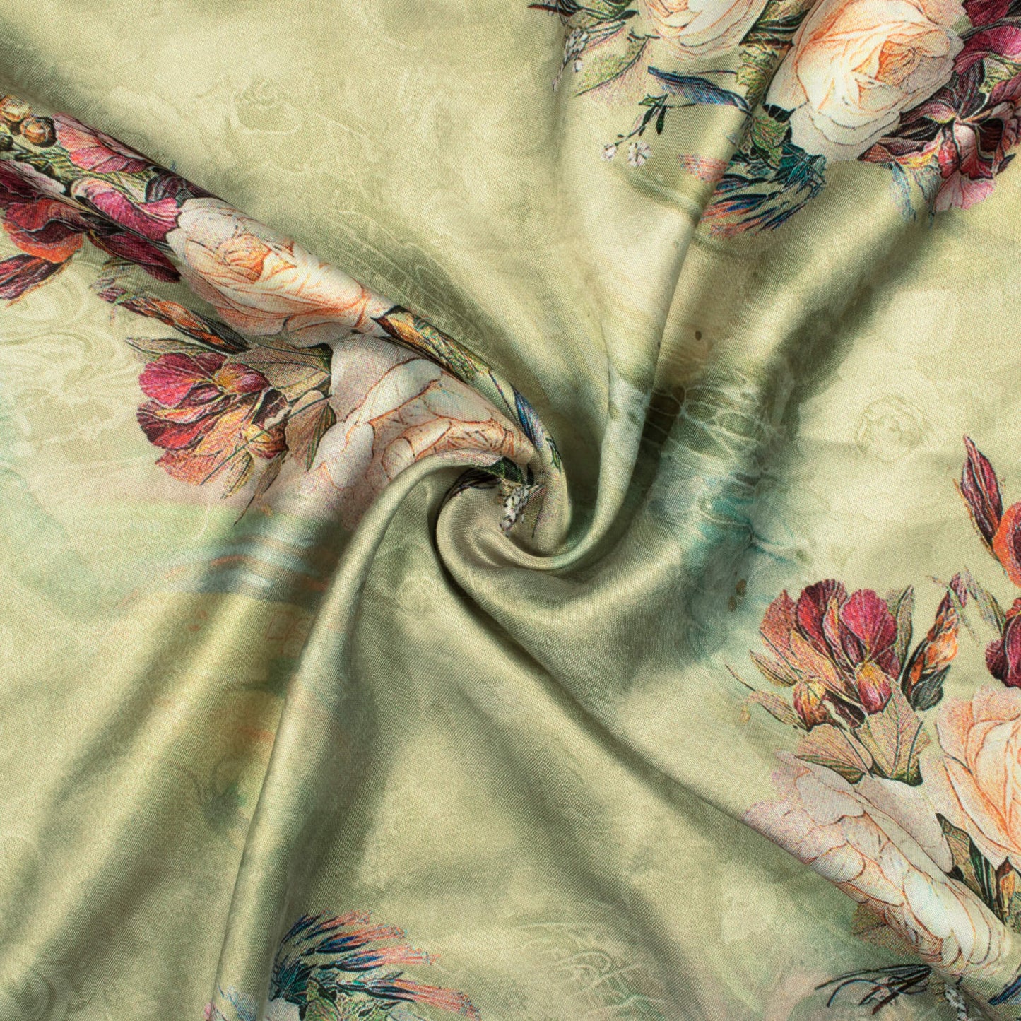 Sage Green And Salmon Orange Floral Pattern Digital Print Premium Lush Satin Fabric
