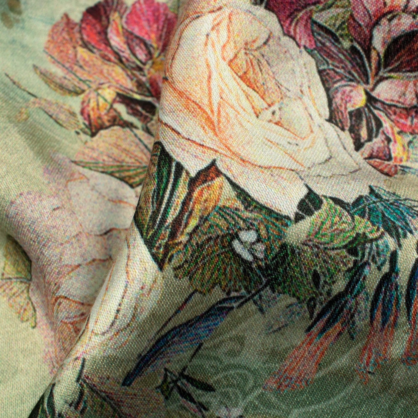 Sage Green And Salmon Orange Floral Pattern Digital Print Premium Lush Satin Fabric