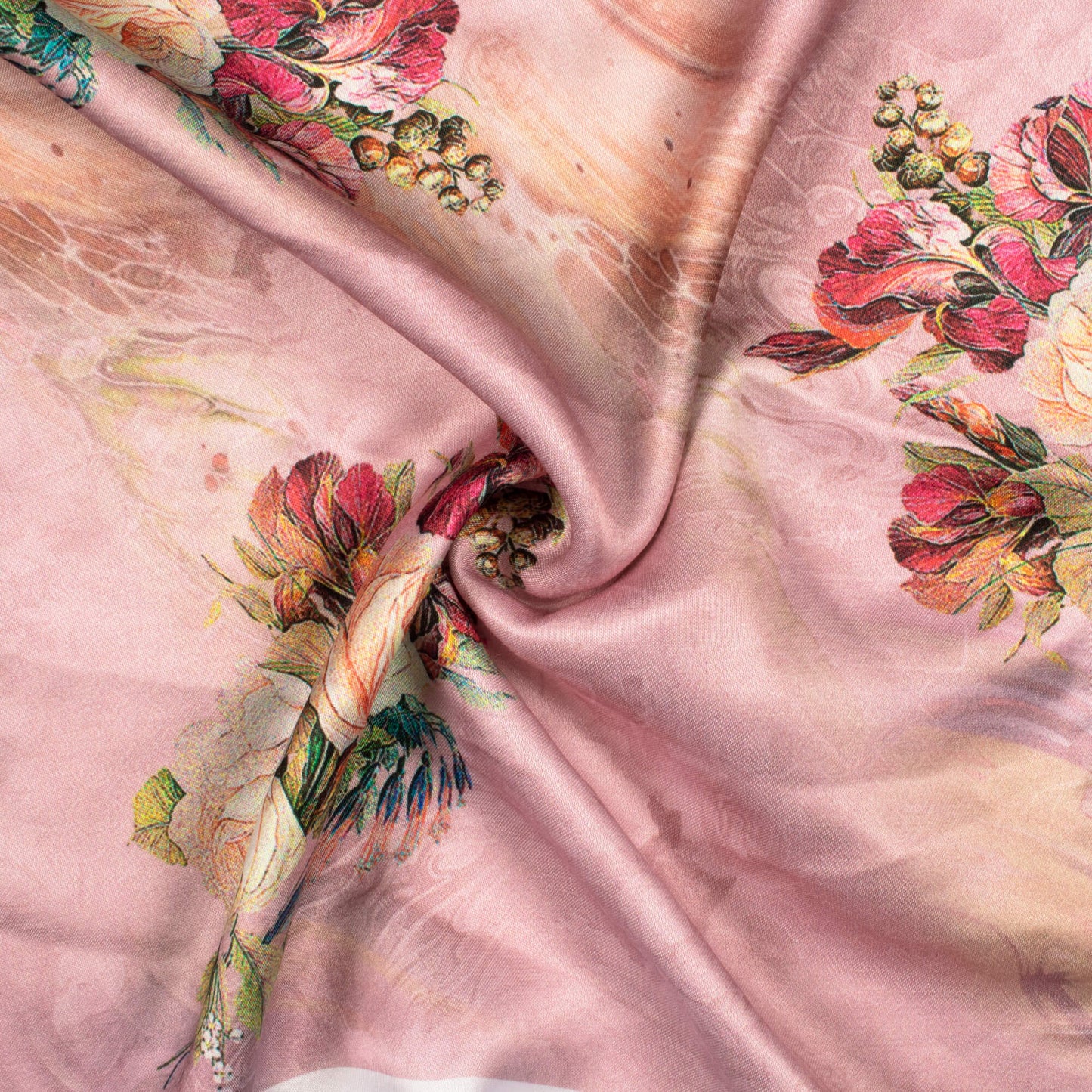 Thulian Pink And Salmon Orange Floral Pattern Digital Print Premium Lush Satin Fabric