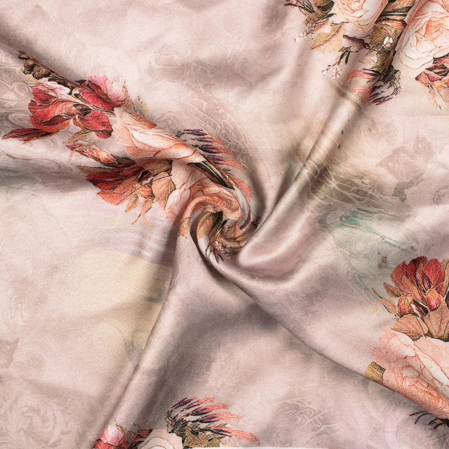 Pancho Brown And Salmon Orange Floral Pattern Digital Print Premium Lush Satin Fabric