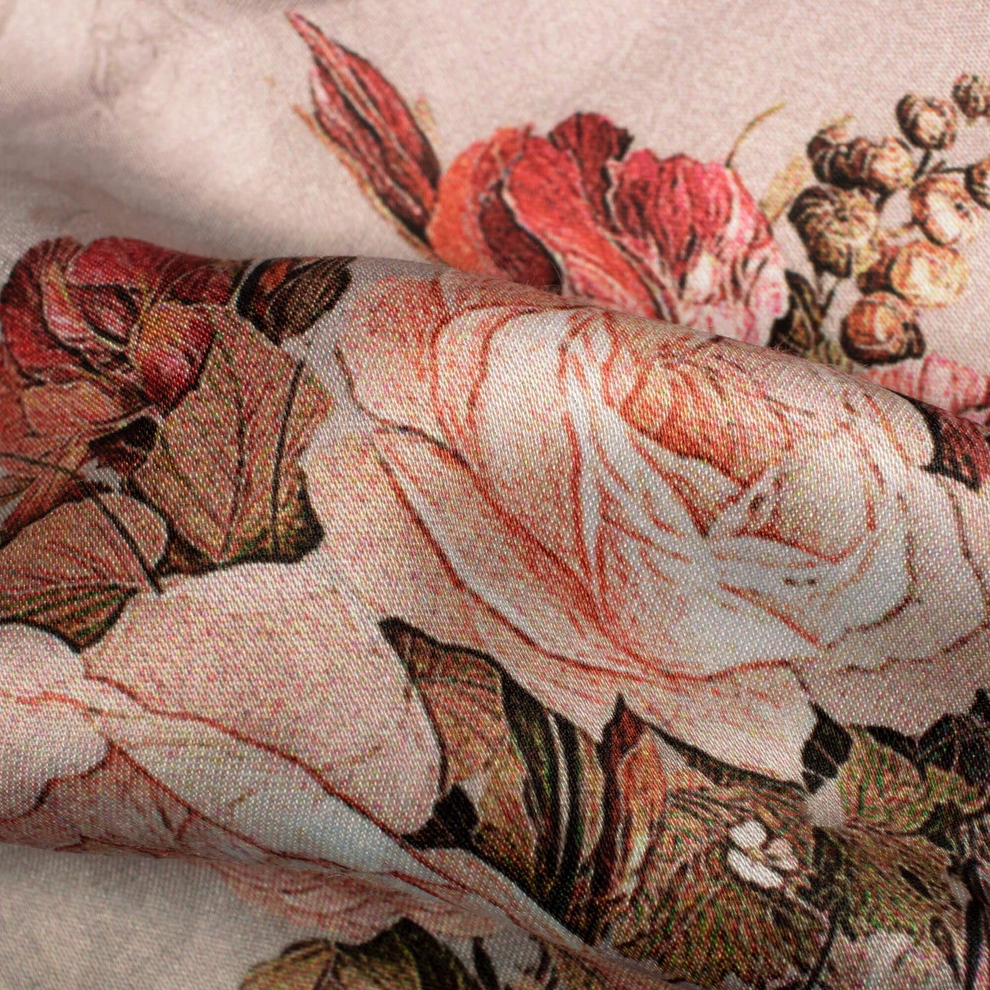 Pancho Brown And Salmon Orange Floral Pattern Digital Print Premium Lush Satin Fabric