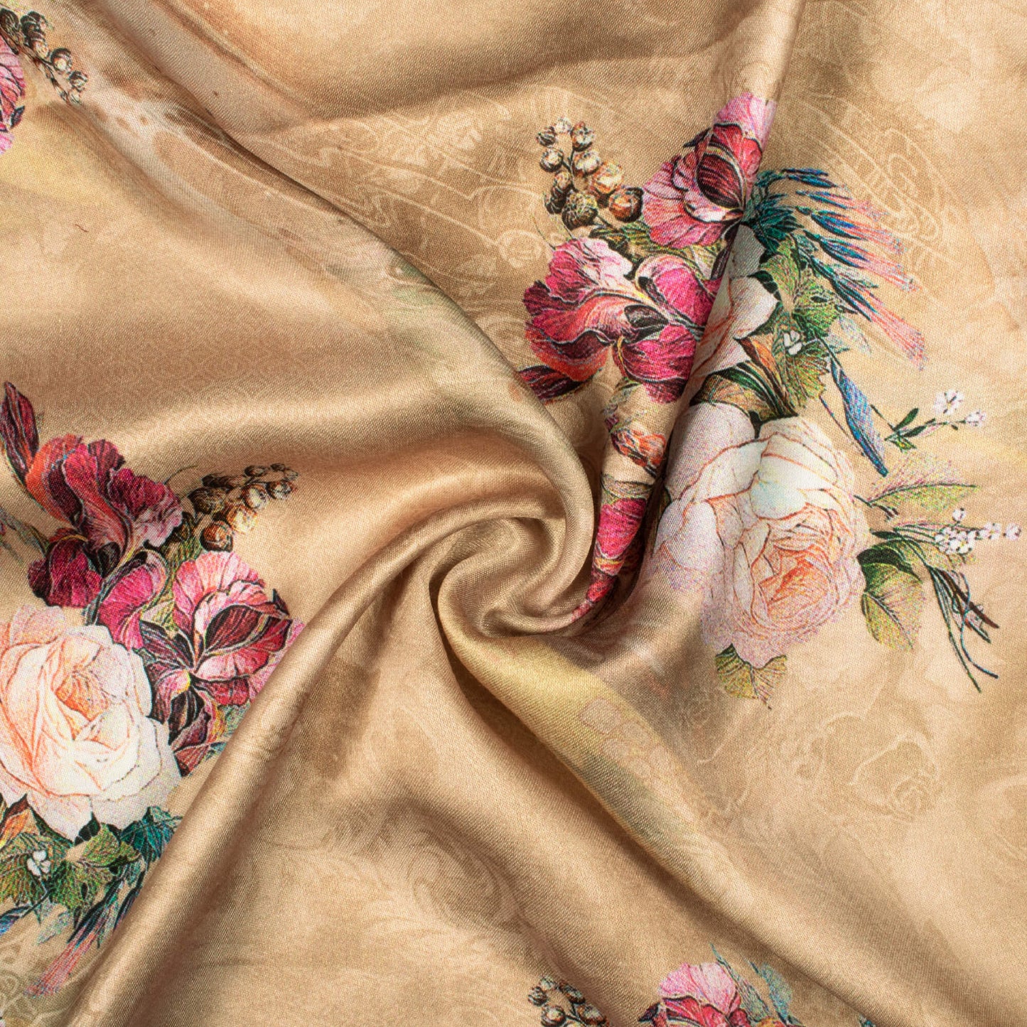 Camel Brown And Salmon Orange Floral Pattern Digital Print Premium Lush Satin Fabric