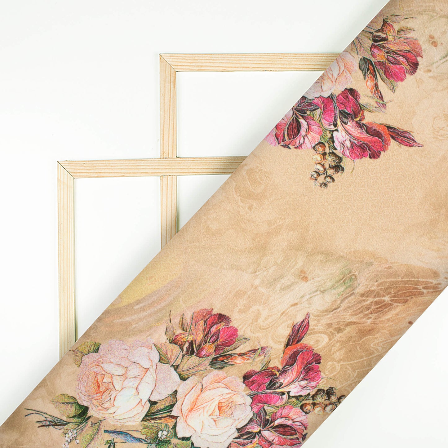 Camel Brown And Salmon Orange Floral Pattern Digital Print Premium Lush Satin Fabric