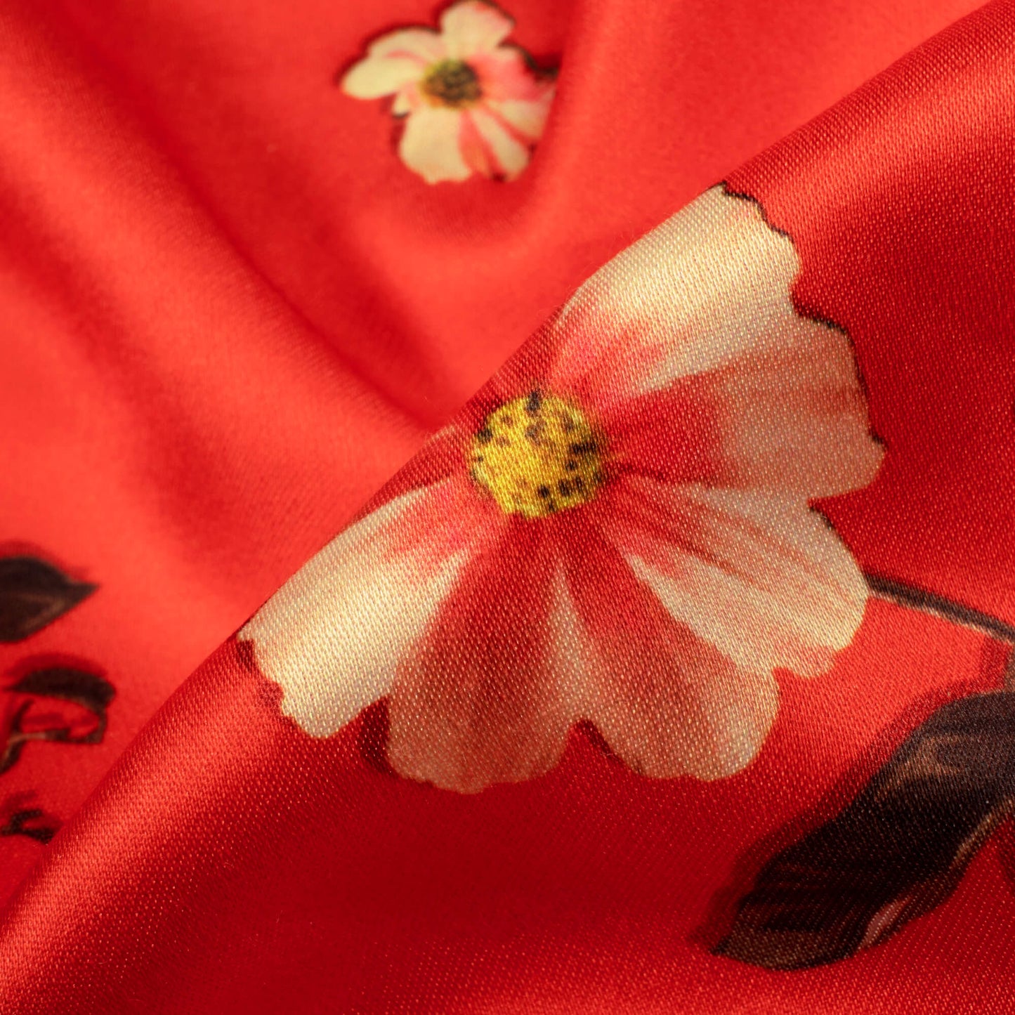 Scarlet Red And Pink Floral Pattern Digital Print Premium Lush Satin Fabric