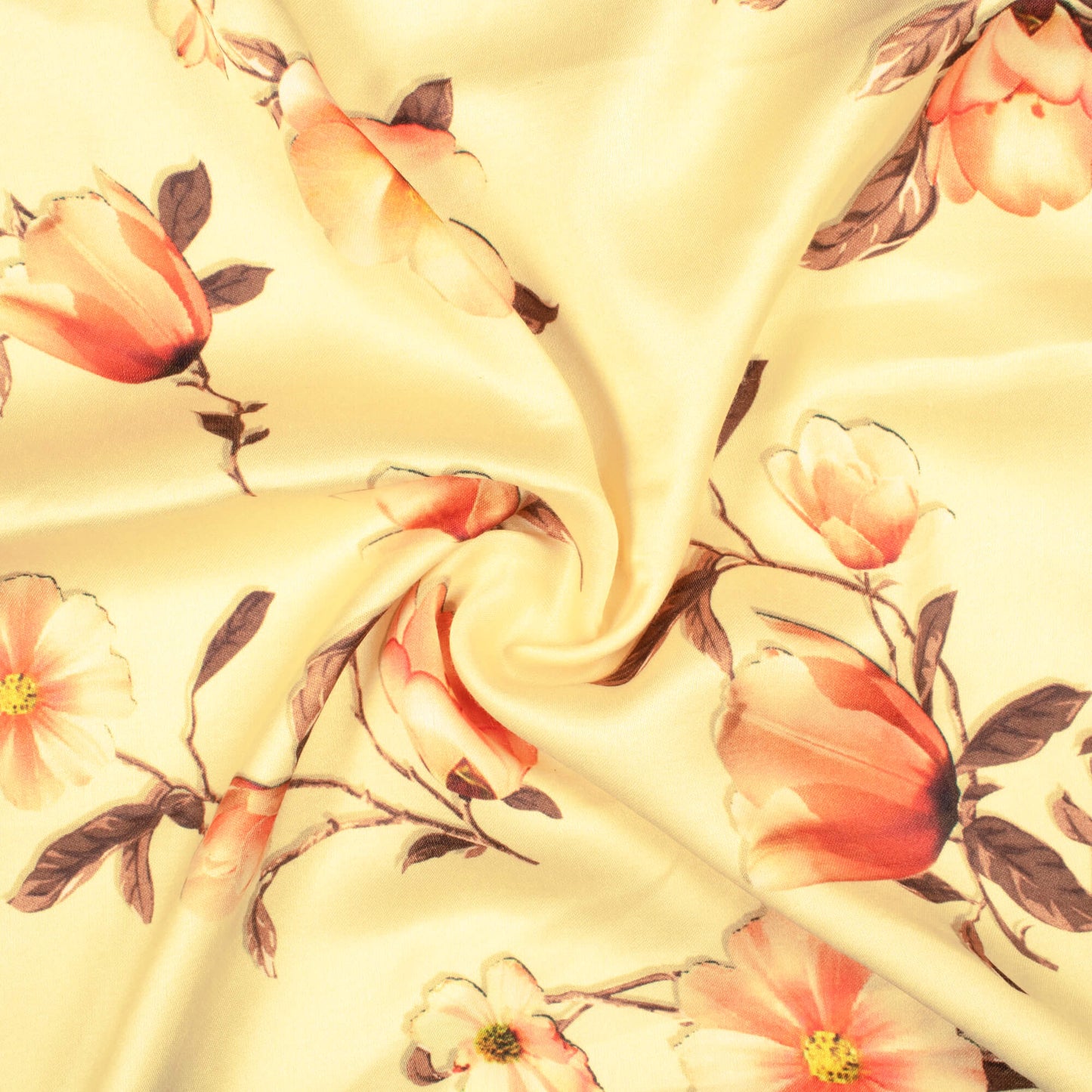 Mellow Yellow And Salmon Orange Floral Pattern Digital Print Premium Lush Satin Fabric