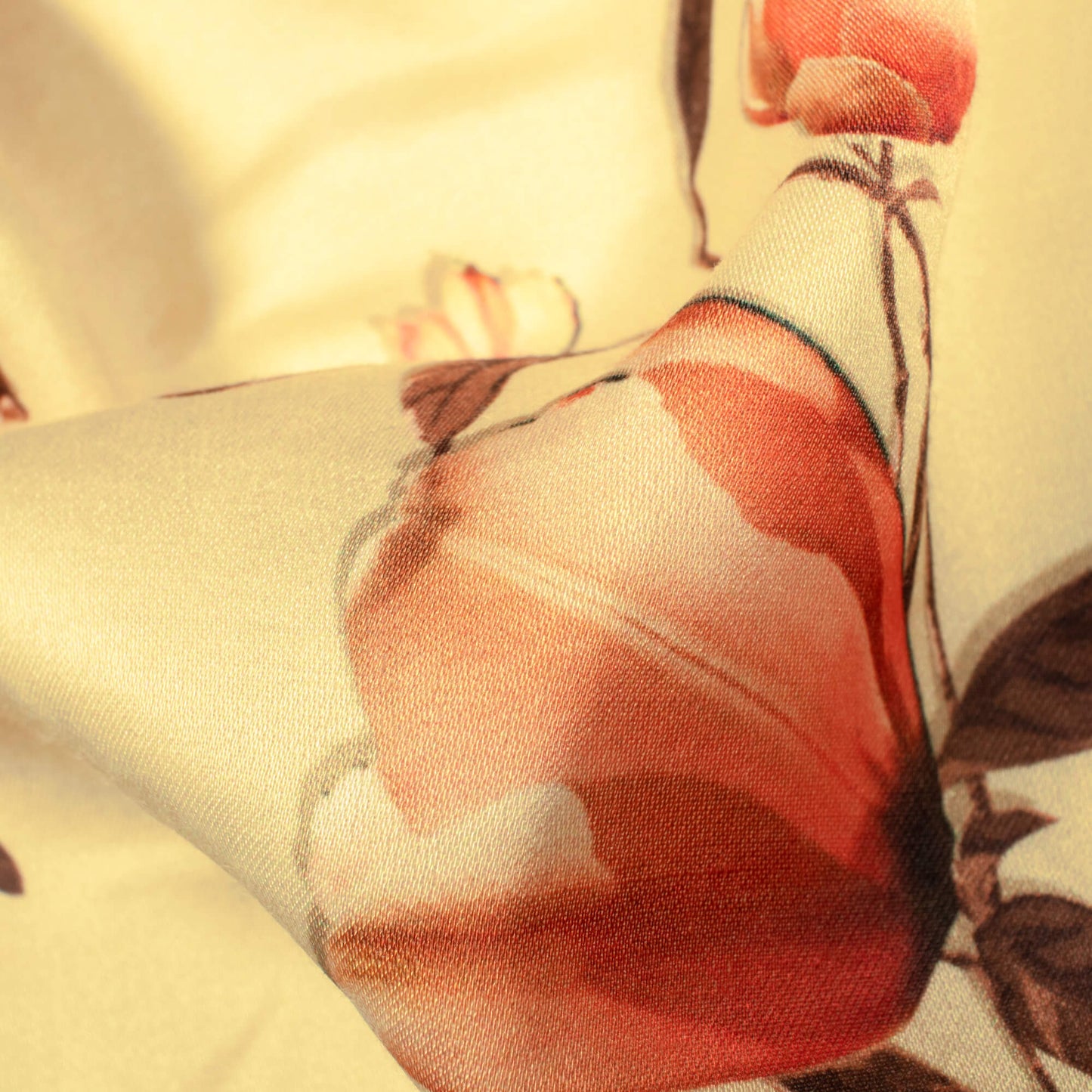 Mellow Yellow And Salmon Orange Floral Pattern Digital Print Premium Lush Satin Fabric