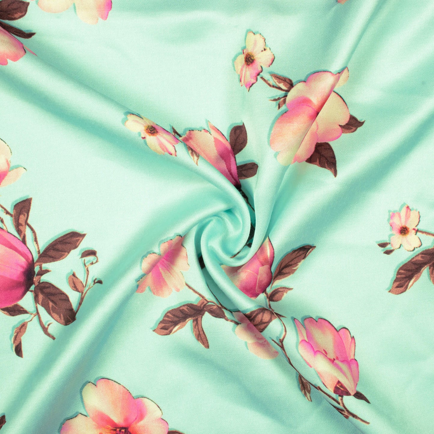 Pale Turquoise And Pink Floral Pattern Digital Print Premium Lush Satin Fabric