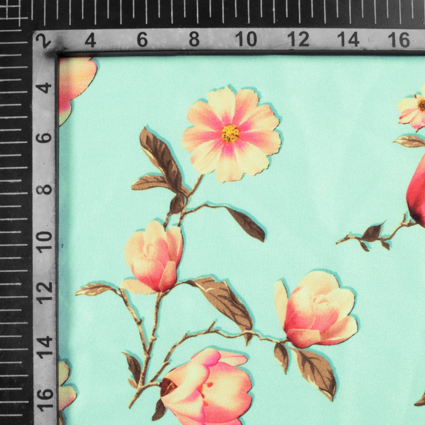 Pale Turquoise And Pink Floral Pattern Digital Print Premium Lush Satin Fabric
