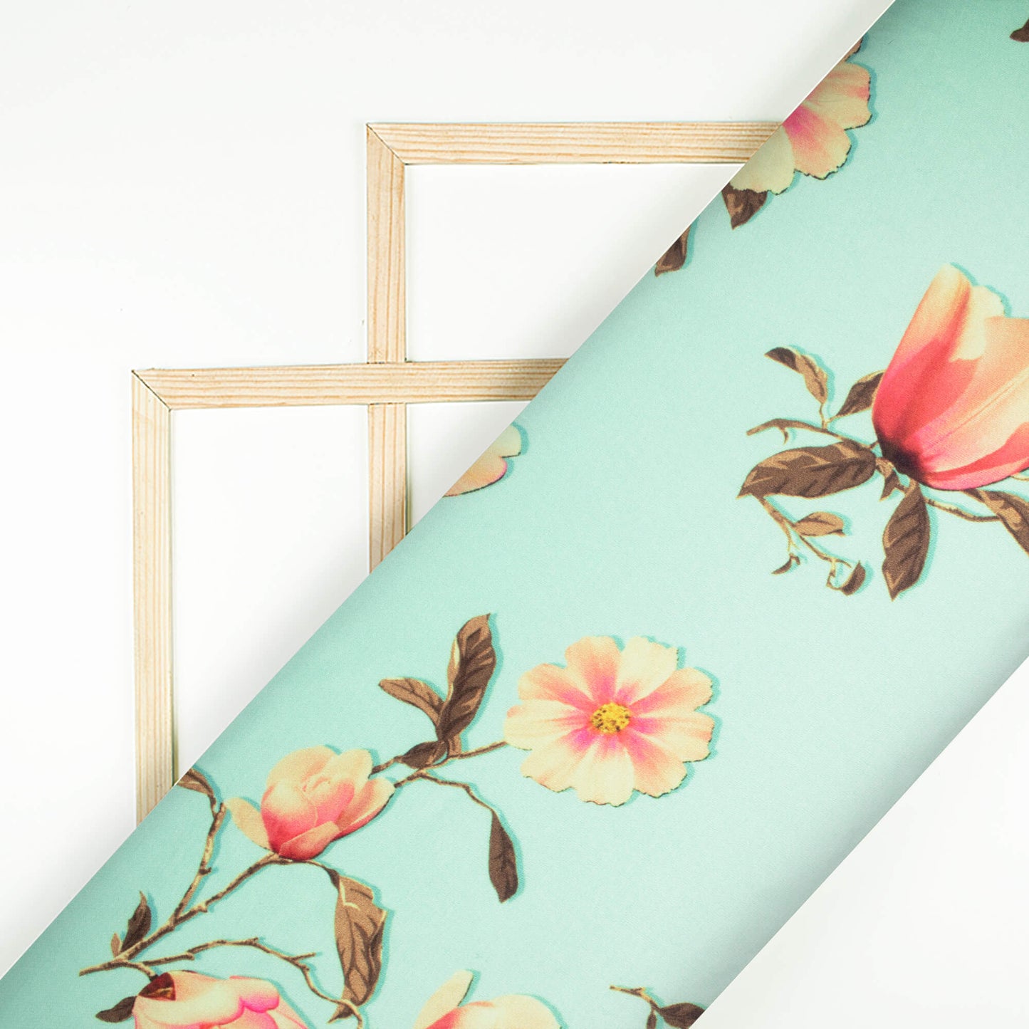 Pale Turquoise And Pink Floral Pattern Digital Print Premium Lush Satin Fabric