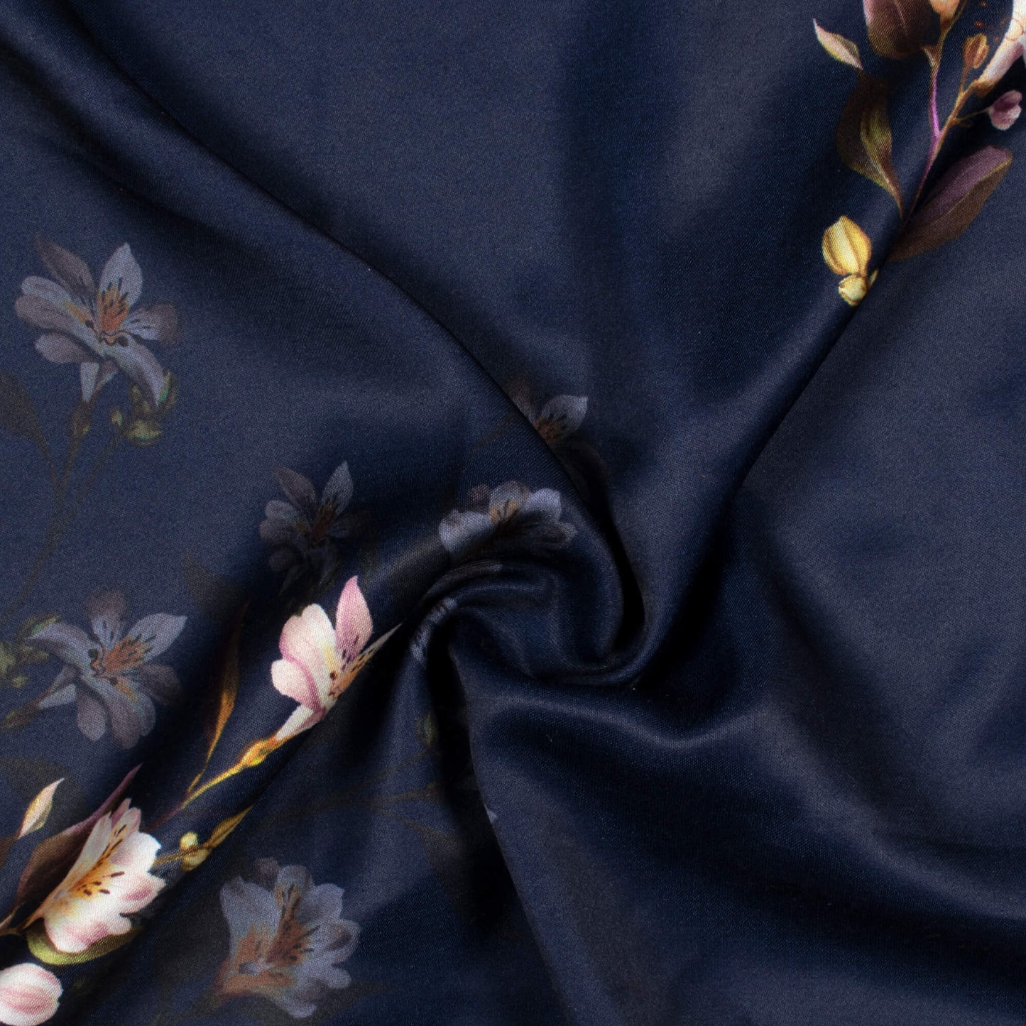 Navy Blue And White Floral Pattern Digital Print Premium Lush Satin Fabric