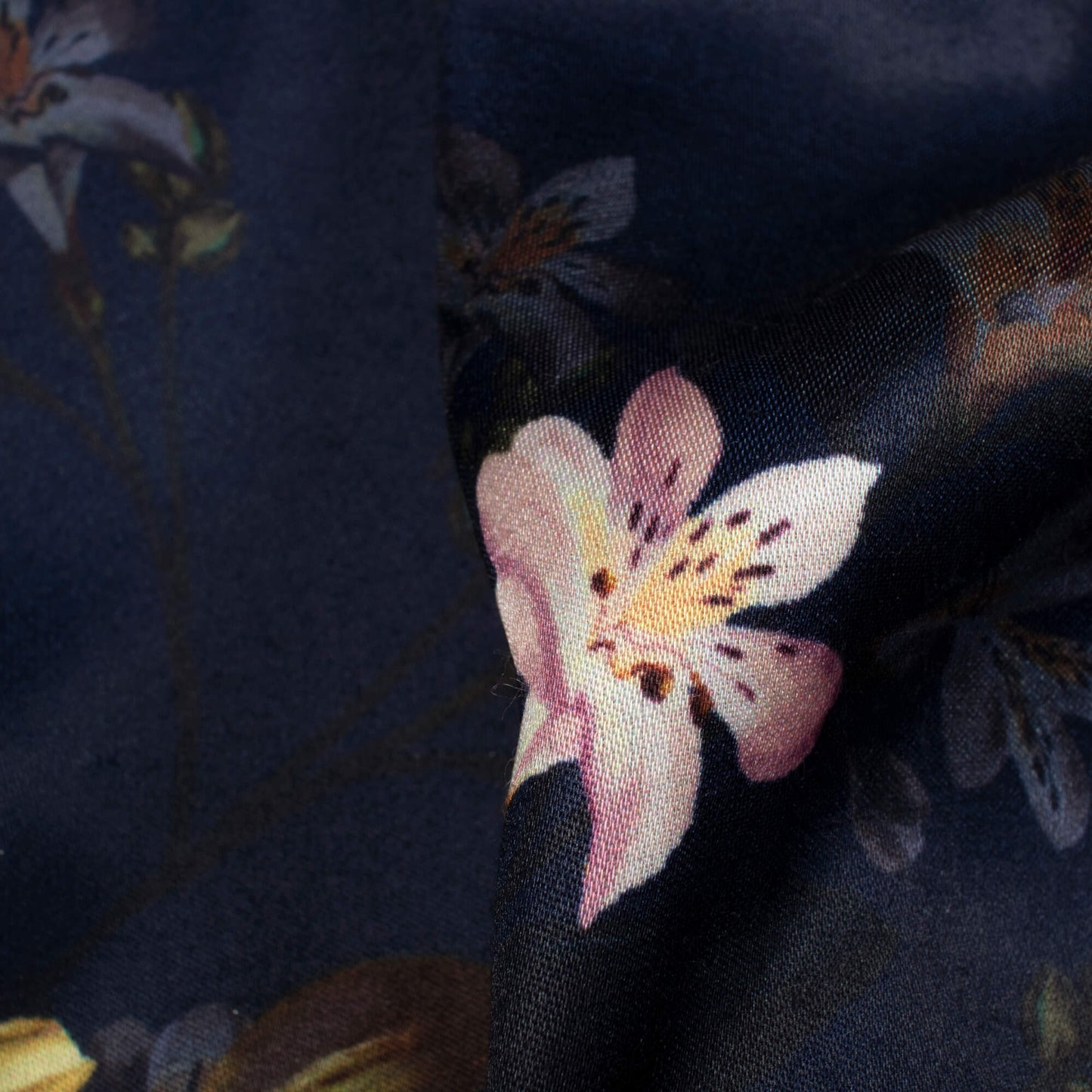 Navy Blue And White Floral Pattern Digital Print Premium Lush Satin Fabric