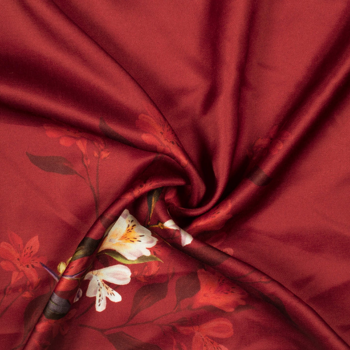 Maroon And White Floral Pattern Digital Print Premium Lush Satin Fabric
