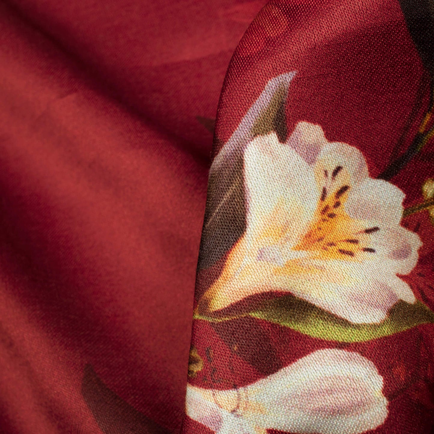 Maroon And White Floral Pattern Digital Print Premium Lush Satin Fabric