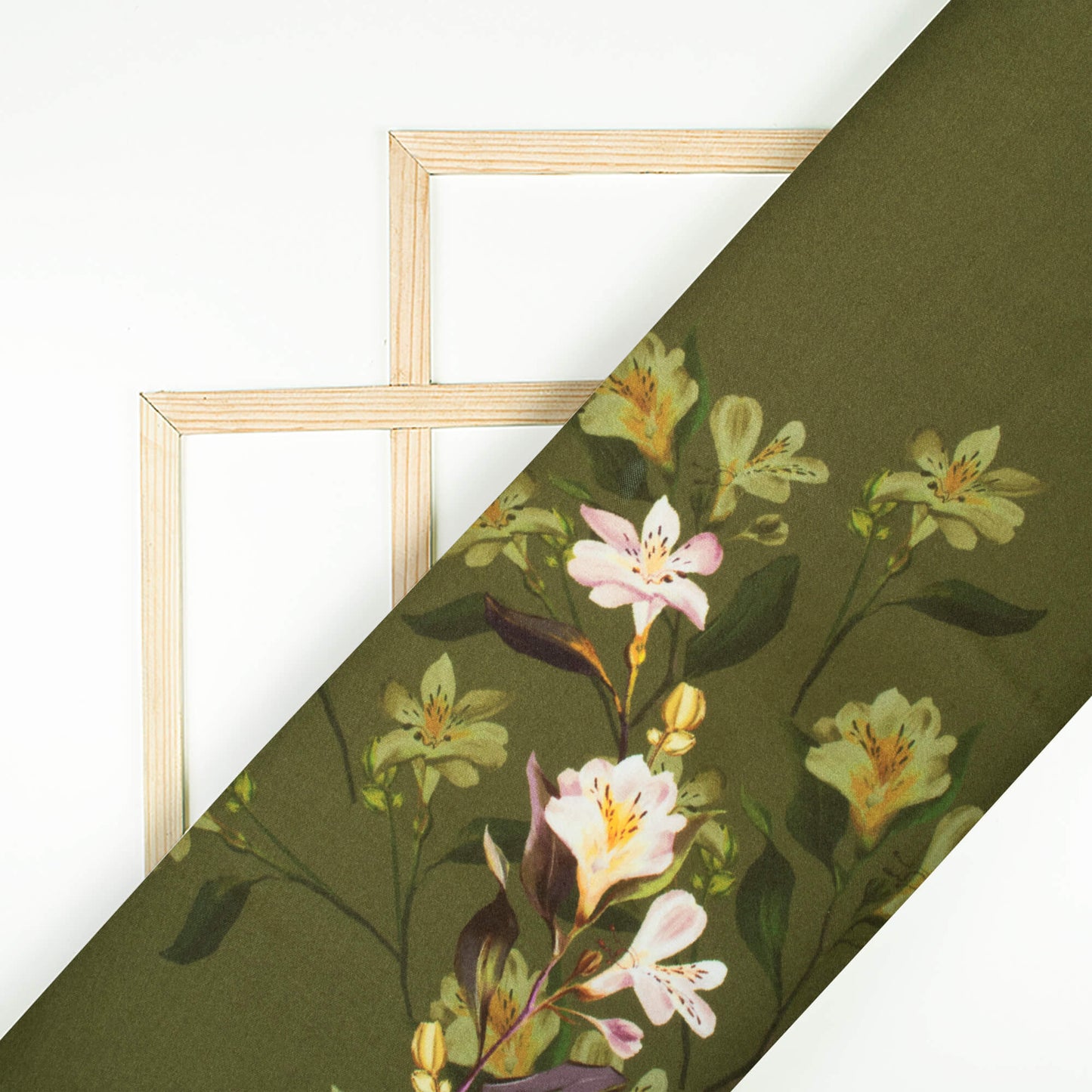 Army Green And White Floral Pattern Digital Print Premium Lush Satin Fabric