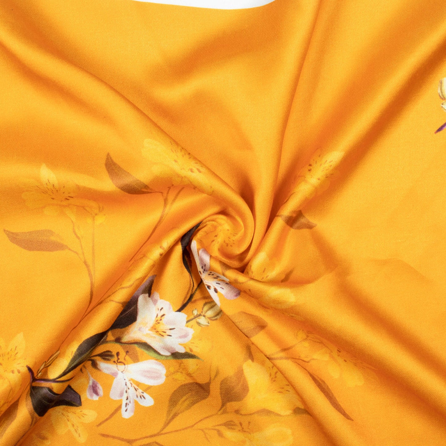 Honey Yellow And White Floral Pattern Digital Print Premium Lush Satin Fabric