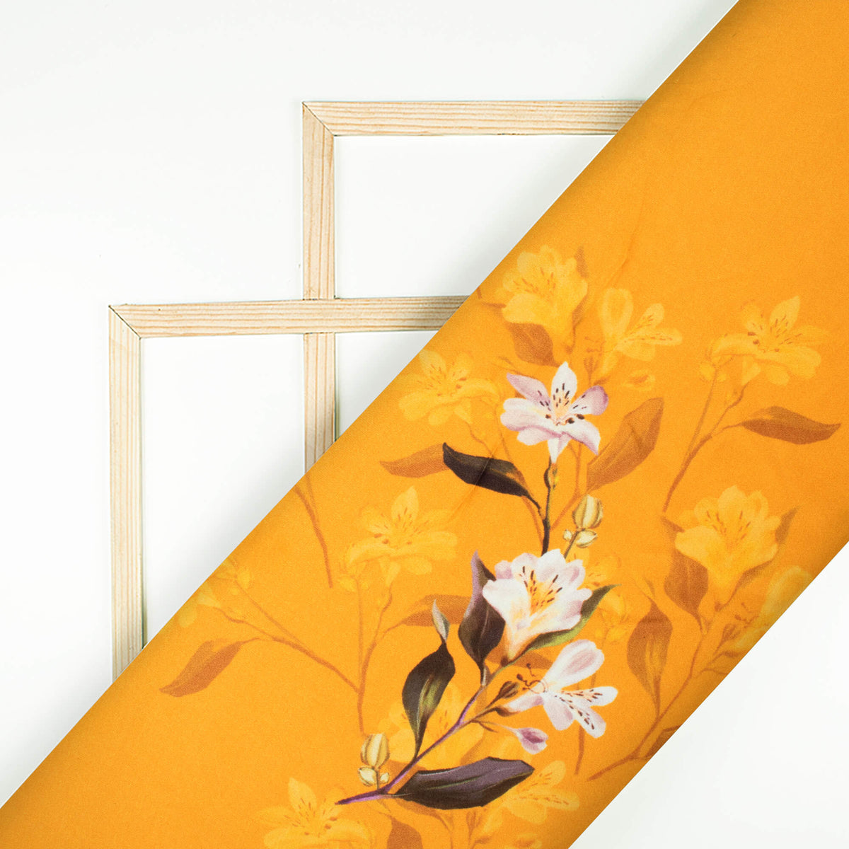Honey Yellow And White Floral Pattern Digital Print Premium Lush Satin Fabric