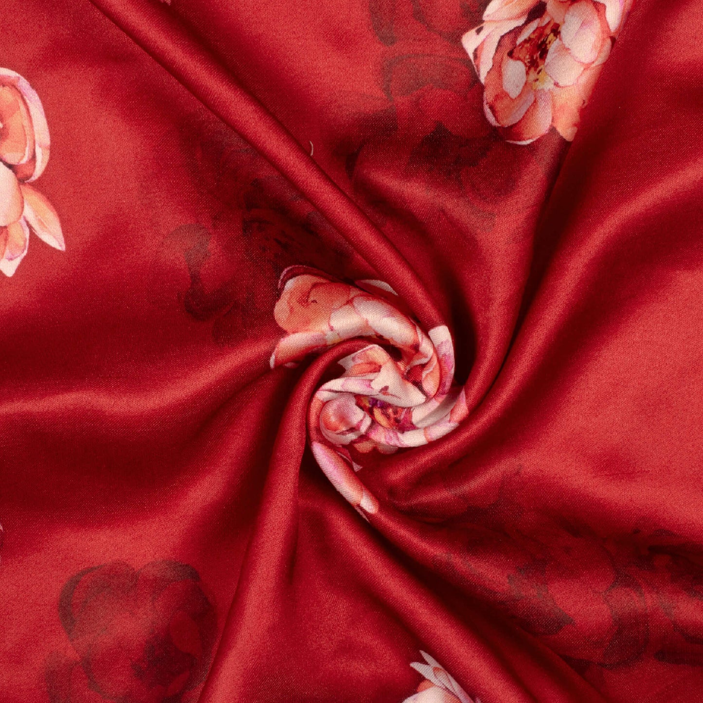 Vermilion Red And Pink Floral Pattern Digital Print Premium Lush Satin Fabric
