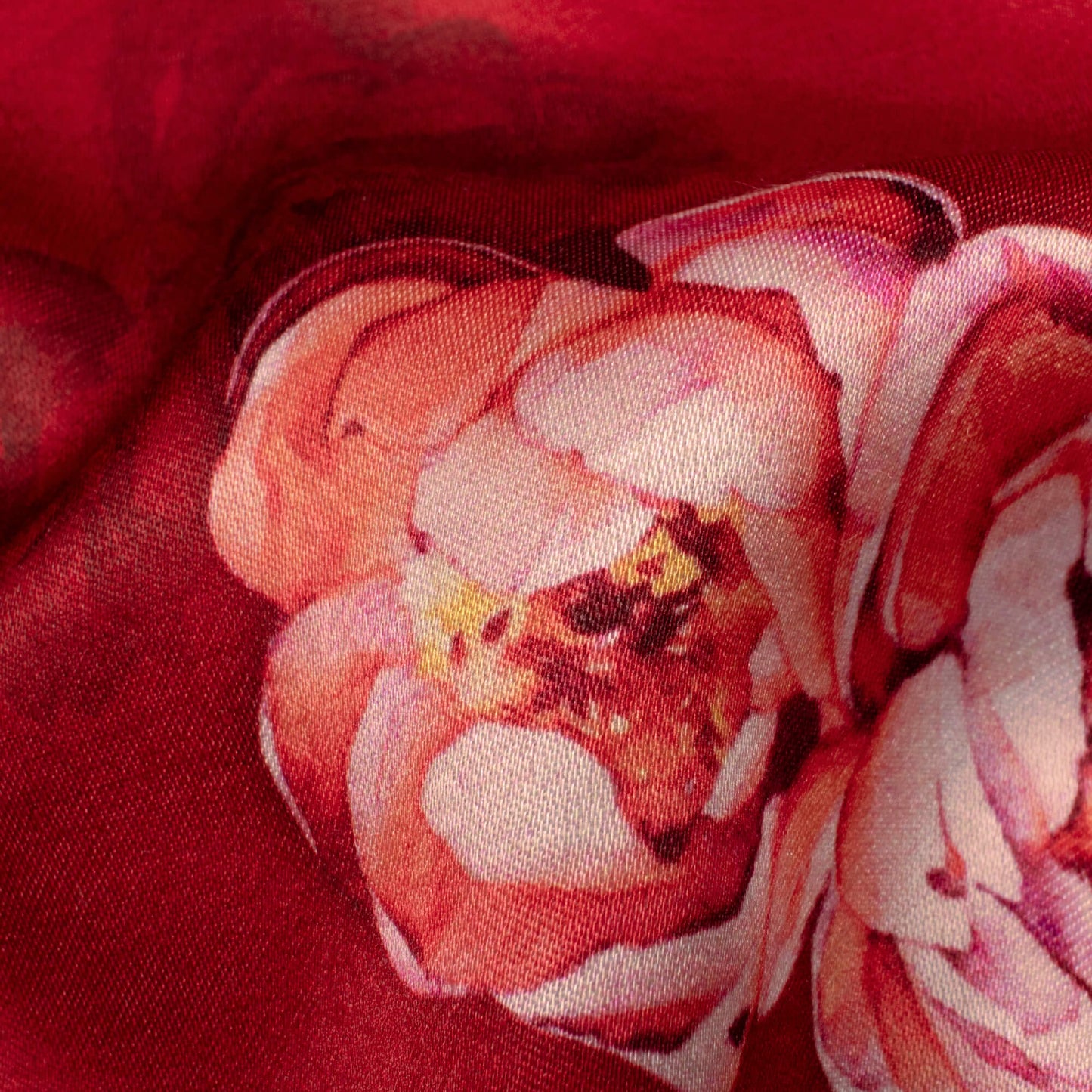 Vermilion Red And Pink Floral Pattern Digital Print Premium Lush Satin Fabric