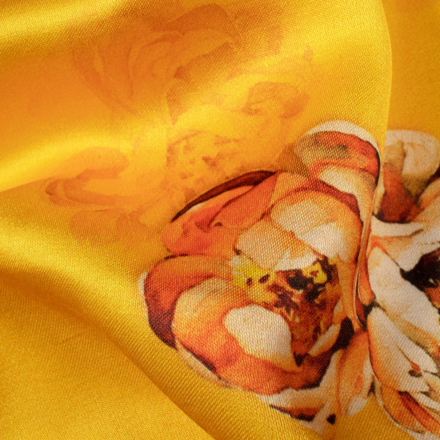 Cyber Yellow And Orange Floral Pattern Digital Print Premium Lush Satin Fabric
