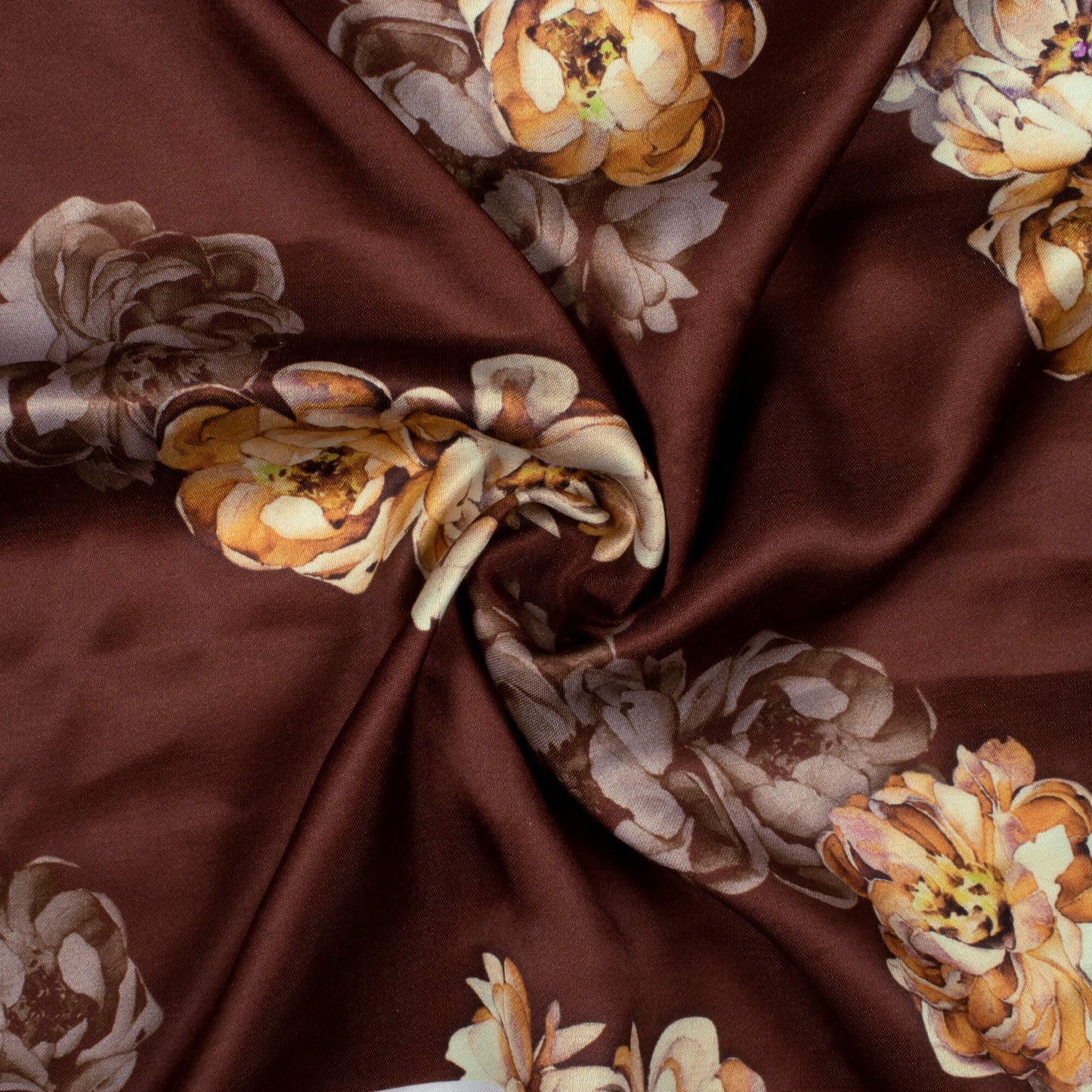 Chocolate Brown And Cream Floral Pattern Digital Print Premium Lush Satin Fabric