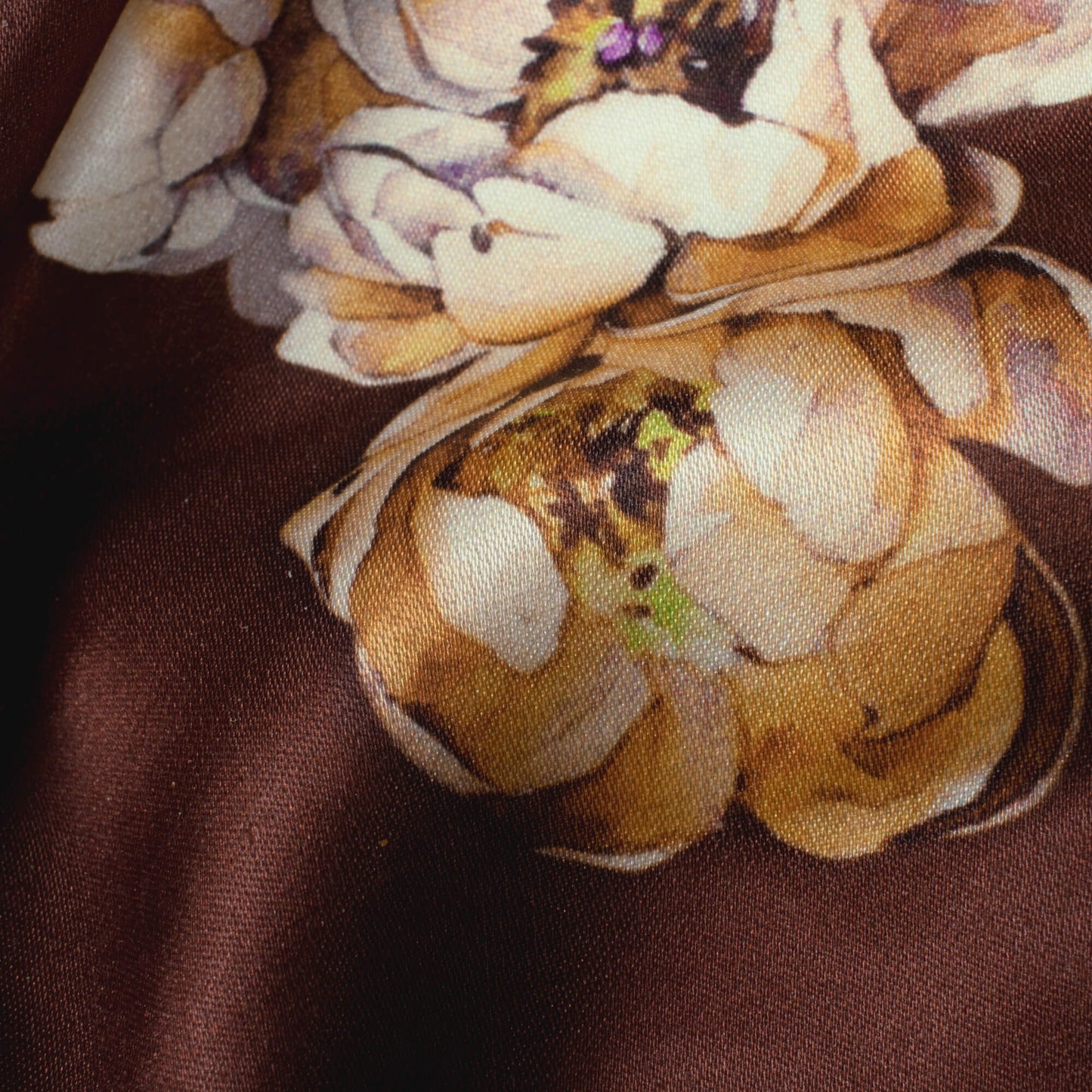 Chocolate Brown And Cream Floral Pattern Digital Print Premium Lush Satin Fabric