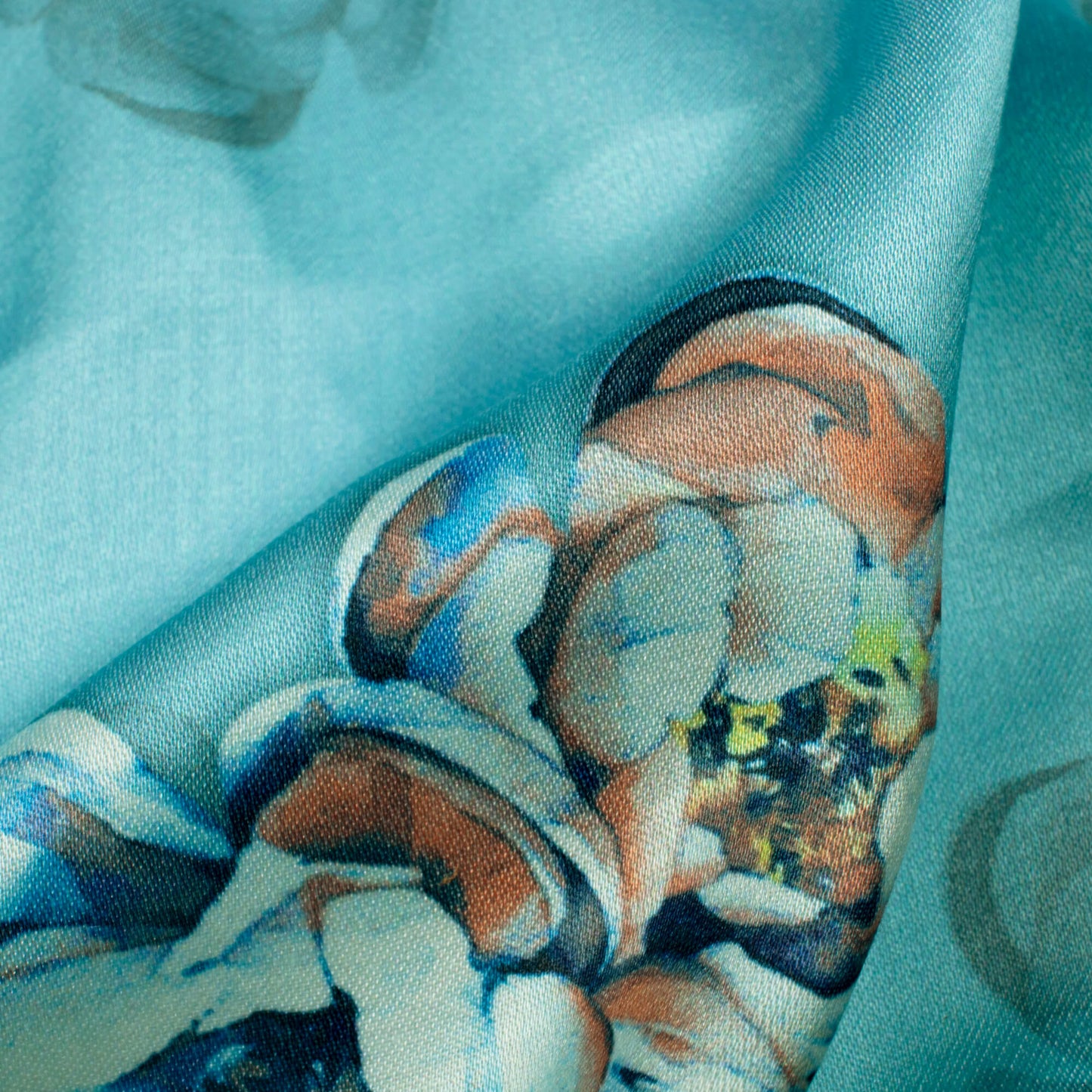 Curious Blue And Orange Floral Pattern Digital Print Premium Lush Satin Fabric