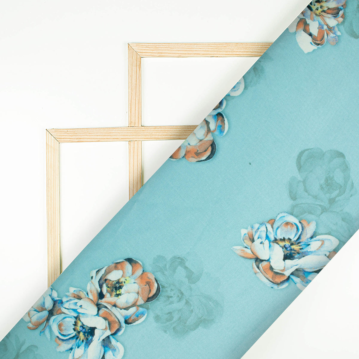 Curious Blue And Orange Floral Pattern Digital Print Premium Lush Satin Fabric