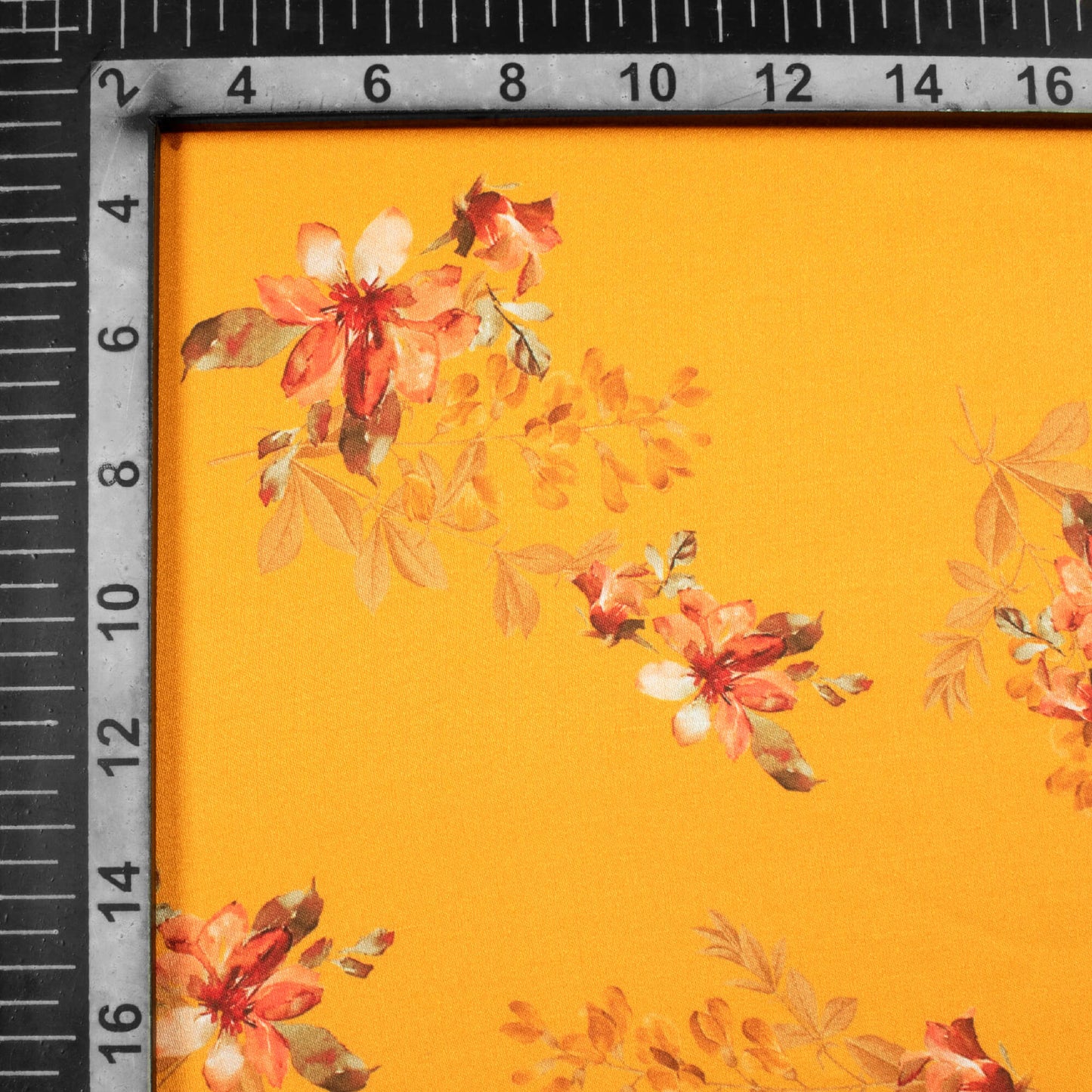 Ochre Yellow And Pink Floral Pattern Digital Print Premium Lush Satin Fabric