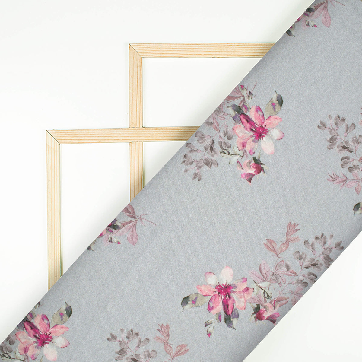 Lava Grey And Salmon Pink Floral Pattern Digital Print Premium Lush Satin Fabric
