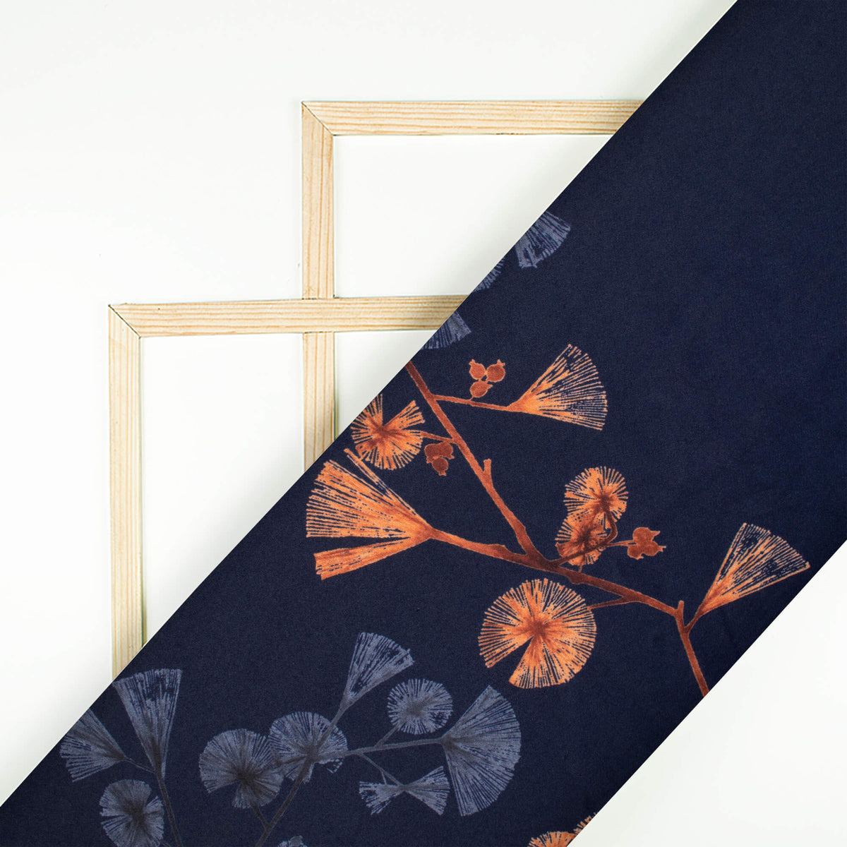 Dark Blue And Spice Orange Floral Pattern Digital Print Premium Lush Satin Fabric