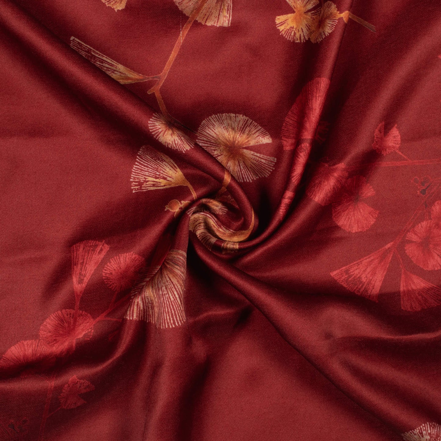 Maroon And Spice Orange Floral Pattern Digital Print Premium Lush Satin Fabric