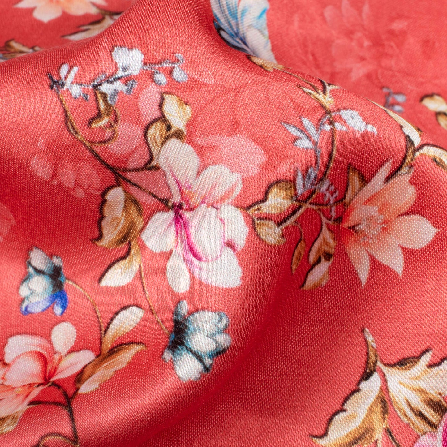 Coral Red And Pink Floral Pattern Digital Print Premium Lush Satin Fabric