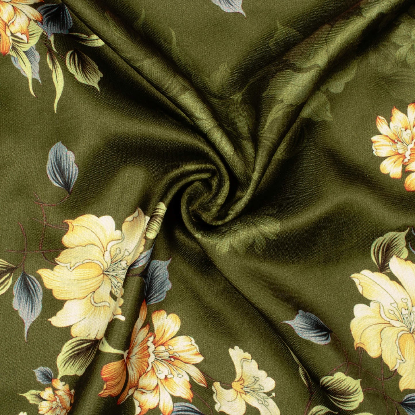 Army Green And Orange Floral Pattern Digital Print Premium Lush Satin Fabric