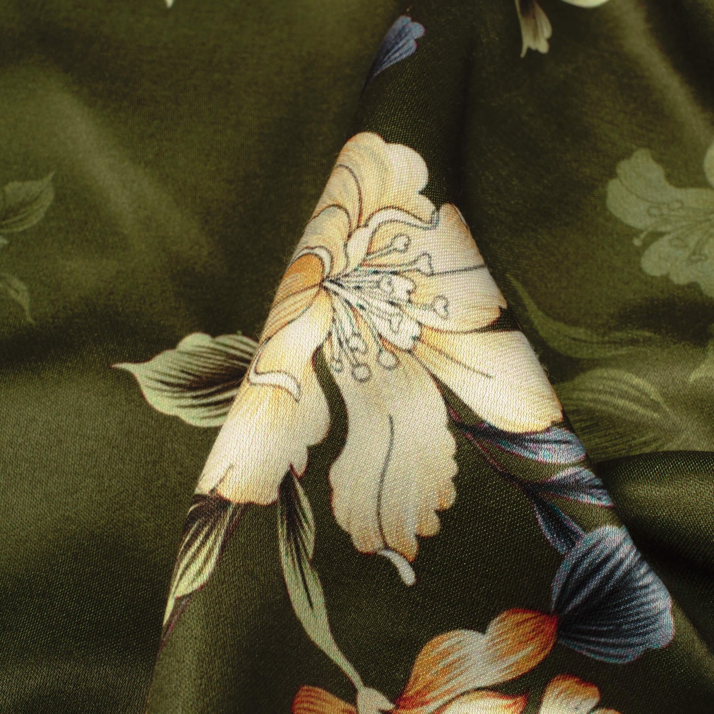 Army Green And Orange Floral Pattern Digital Print Premium Lush Satin Fabric