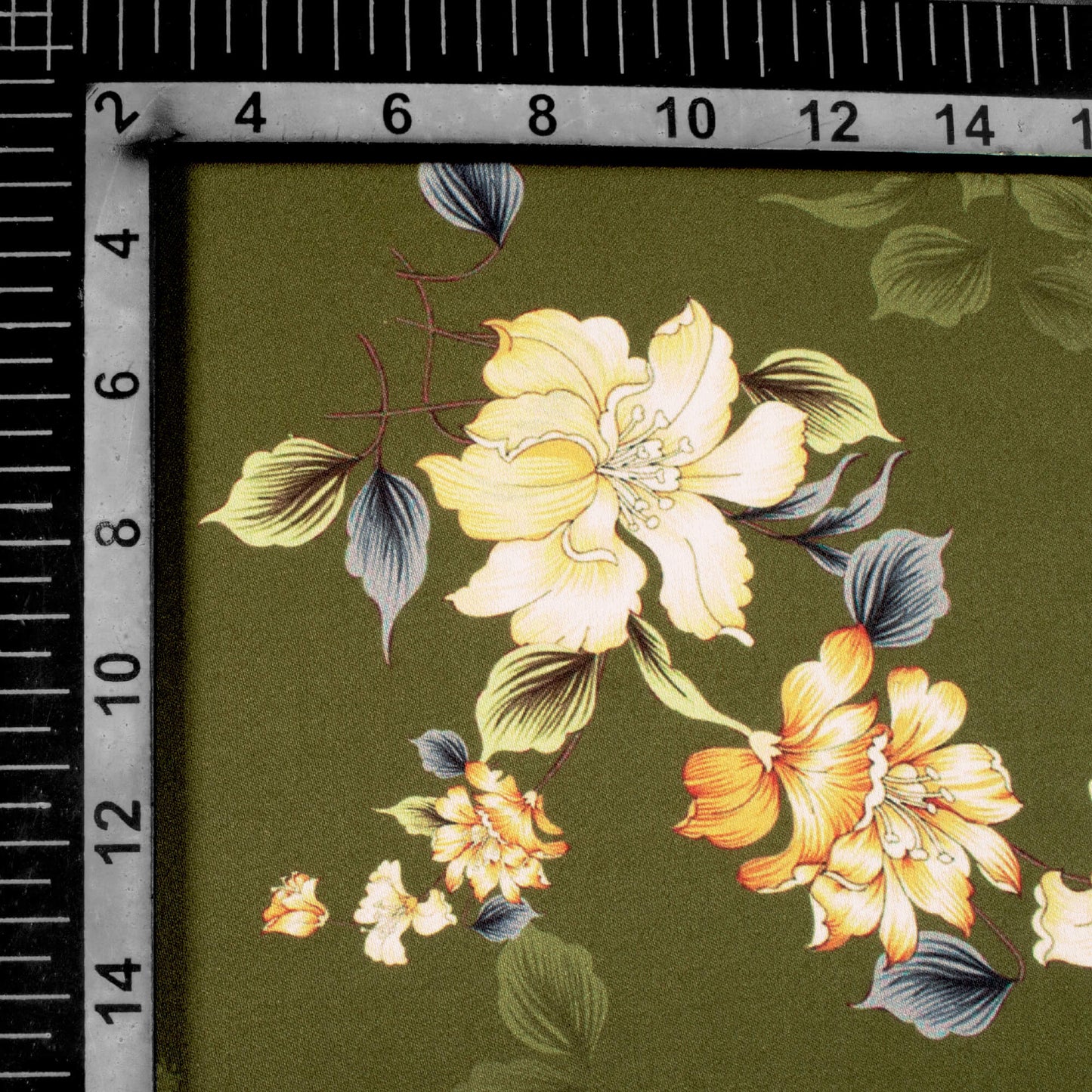 Army Green And Orange Floral Pattern Digital Print Premium Lush Satin Fabric