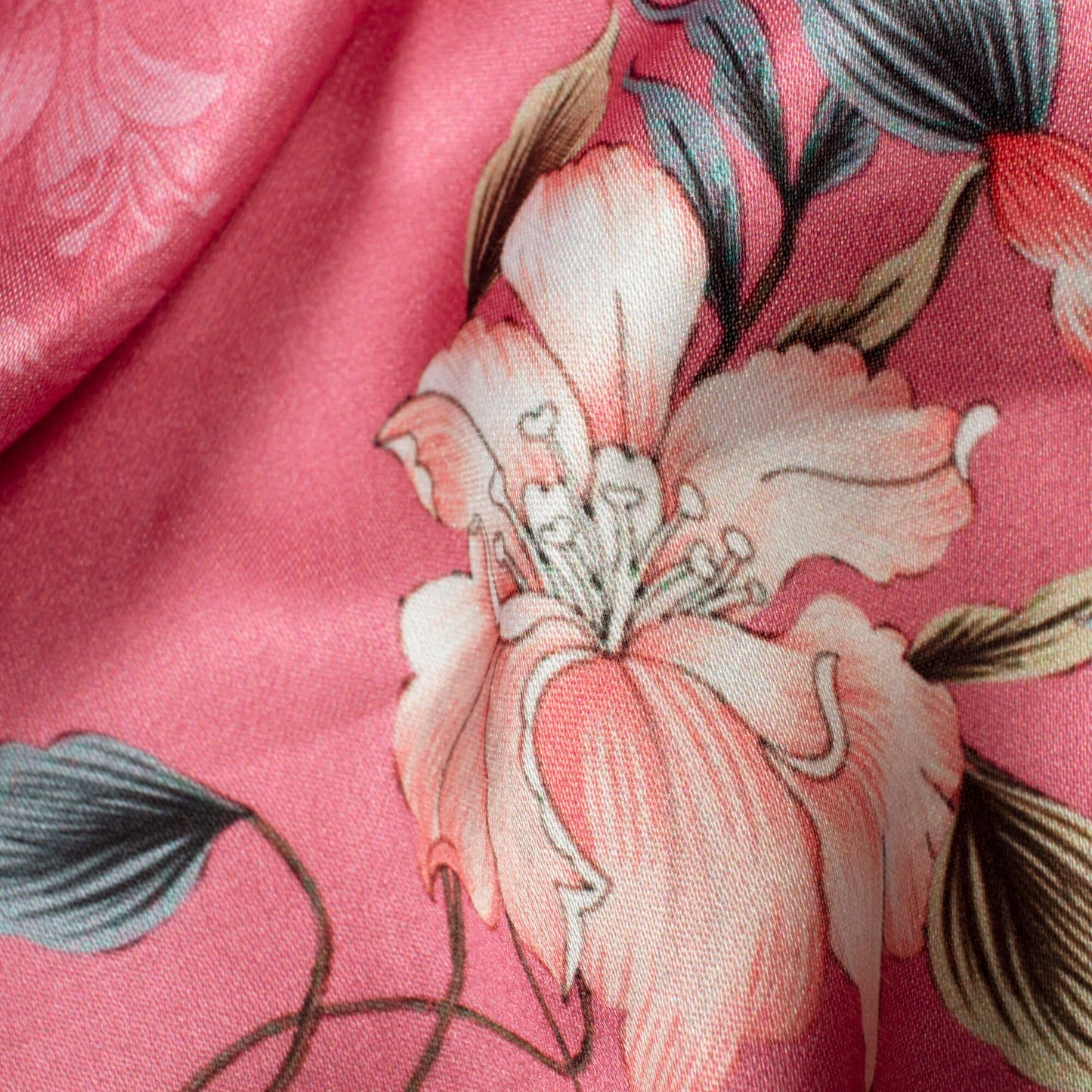 Rouge Pink And White Floral Pattern Digital Print Premium Lush Satin Fabric