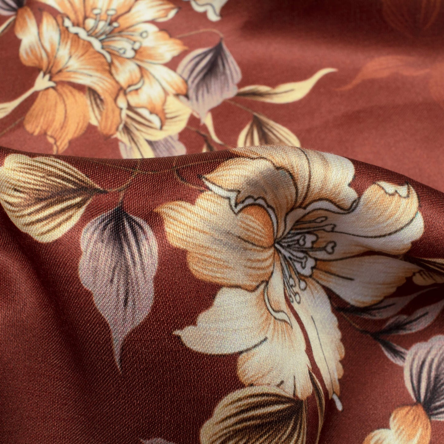 Seal Brown And White Floral Pattern Digital Print Premium Lush Satin Fabric