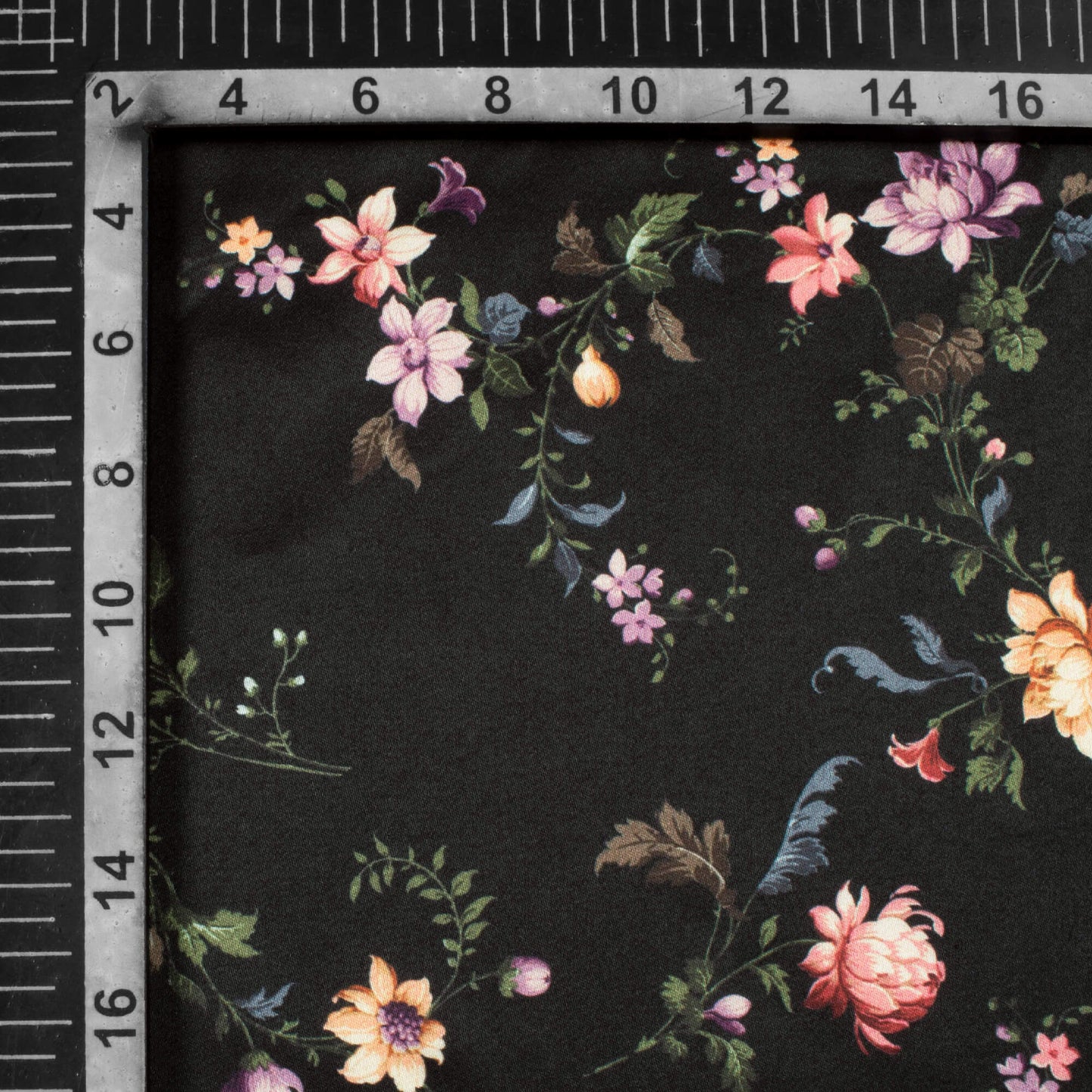 Black And Pink Floral Pattern Digital Print Premium Lush Satin Fabric