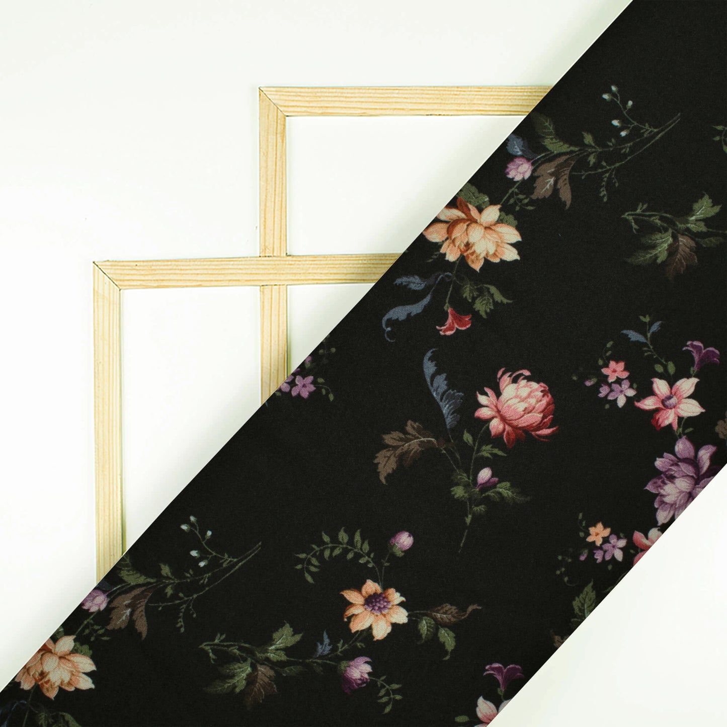 Black And Pink Floral Pattern Digital Print Premium Lush Satin Fabric