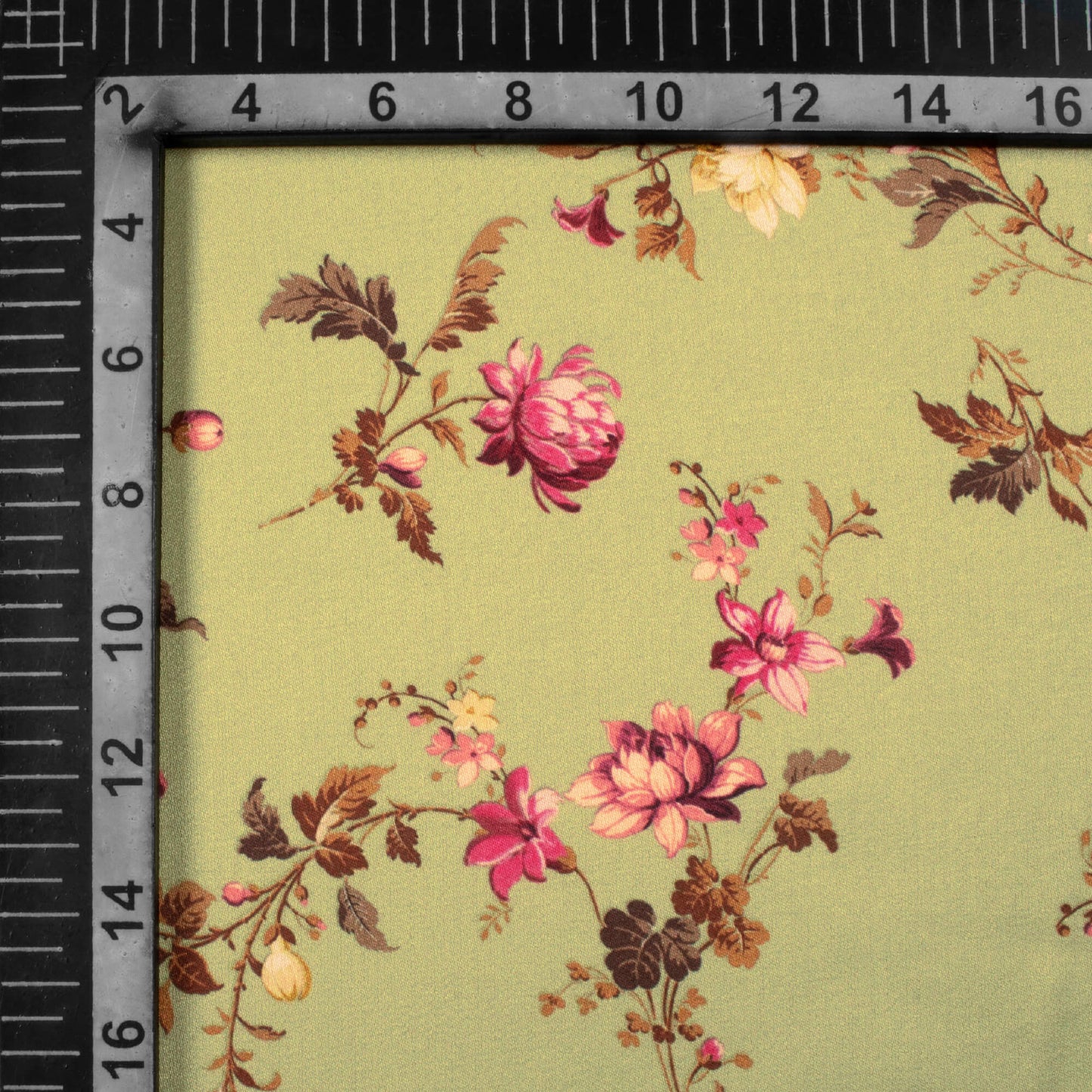 Moss Green And Pink Floral Pattern Digital Print Premium Lush Satin Fabric